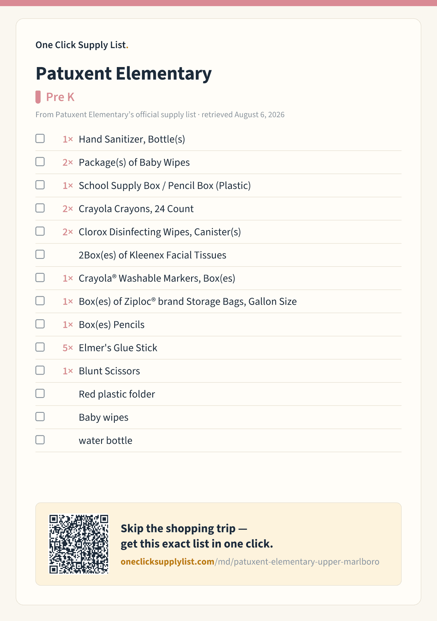 Patuxent Elementary Pre K supply list — printable image