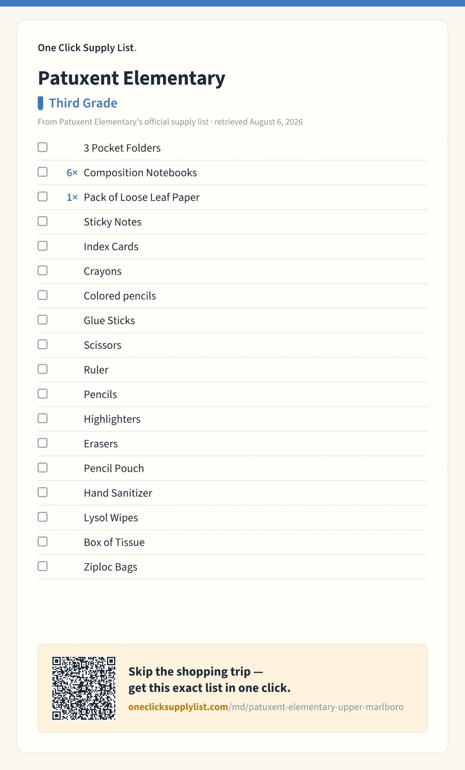 Patuxent Elementary Third Grade supply list — printable image