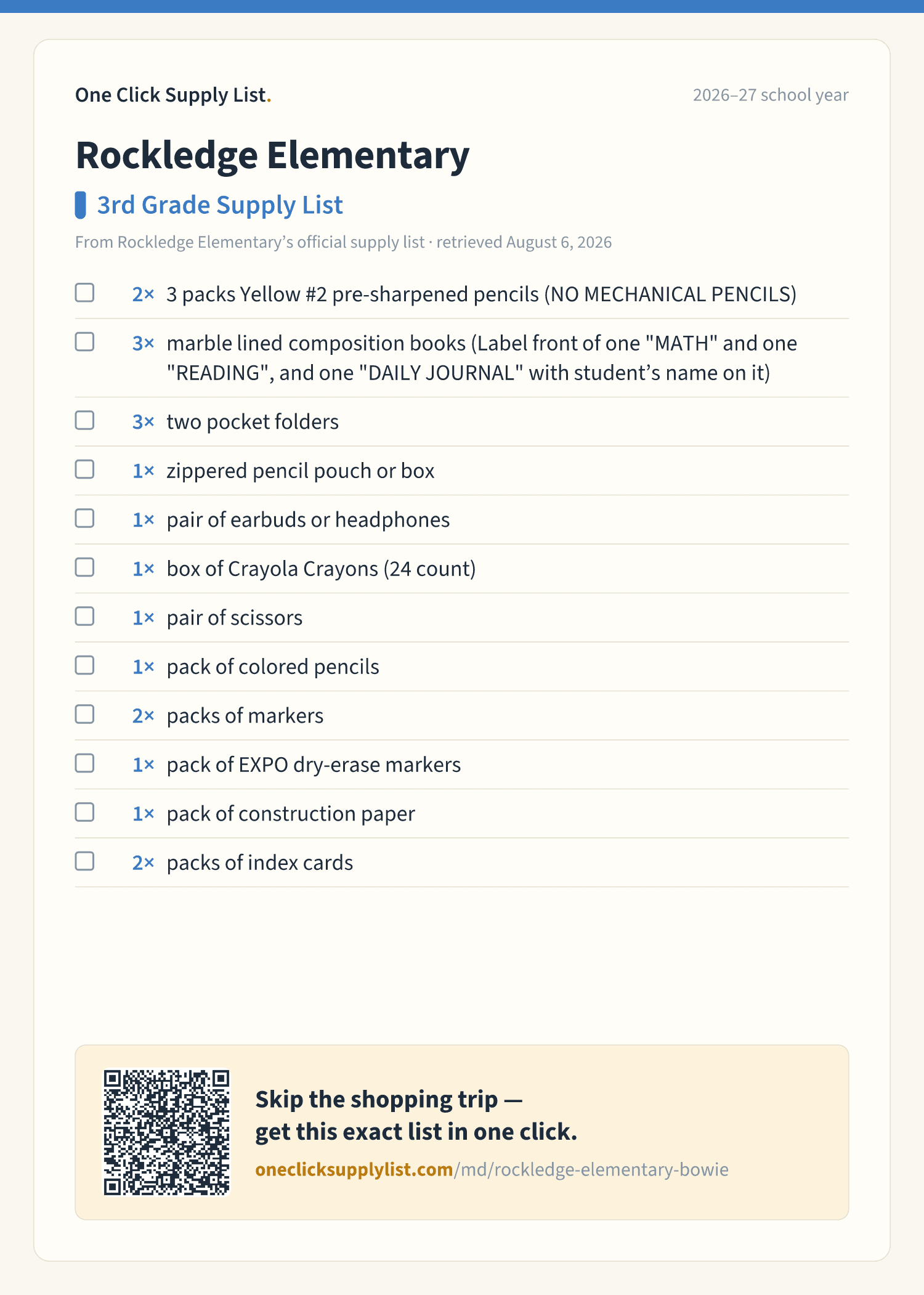 Rockledge Elementary 3rd Grade Supply List supply list — printable image