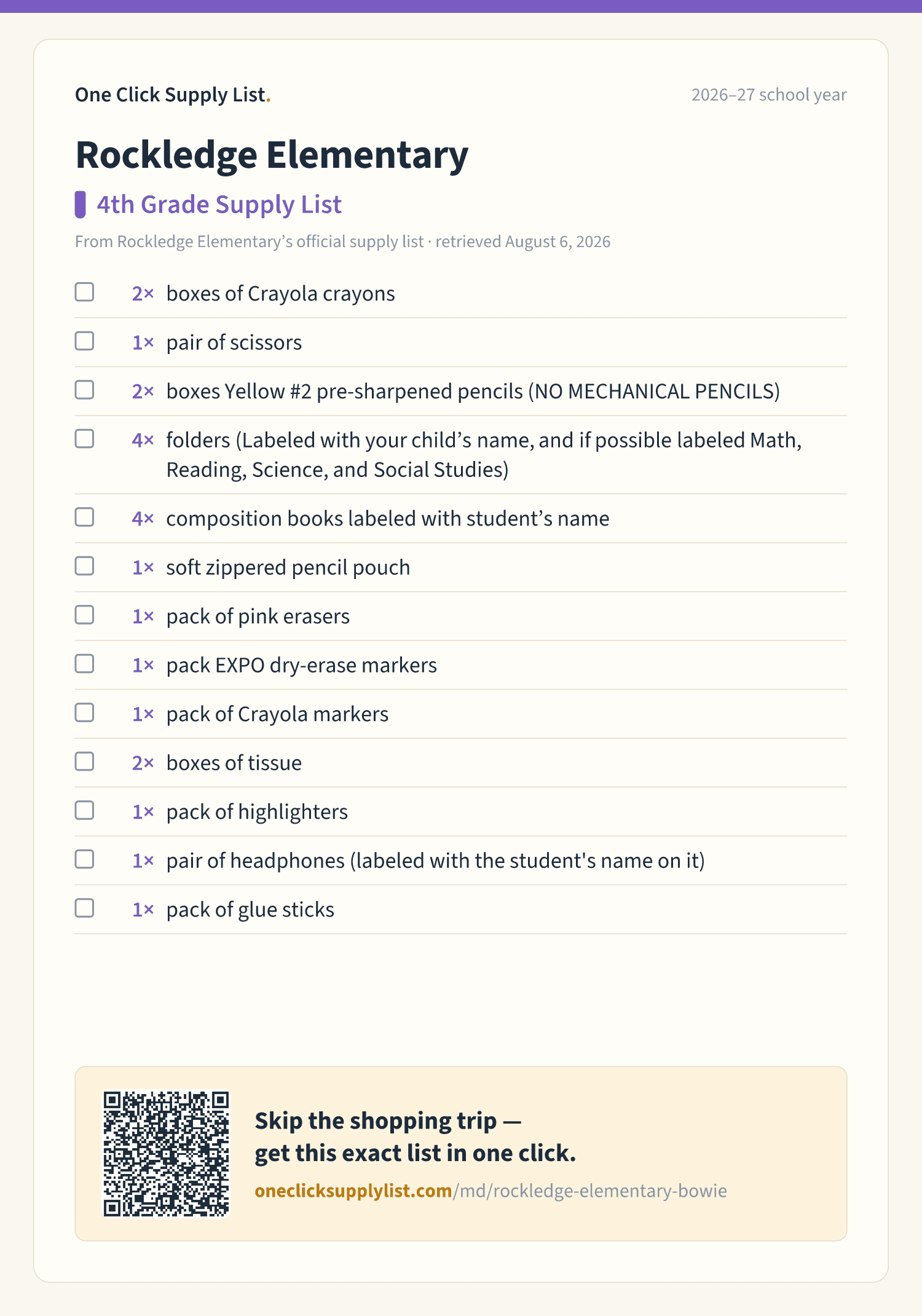 Rockledge Elementary 4th Grade Supply List supply list — printable image
