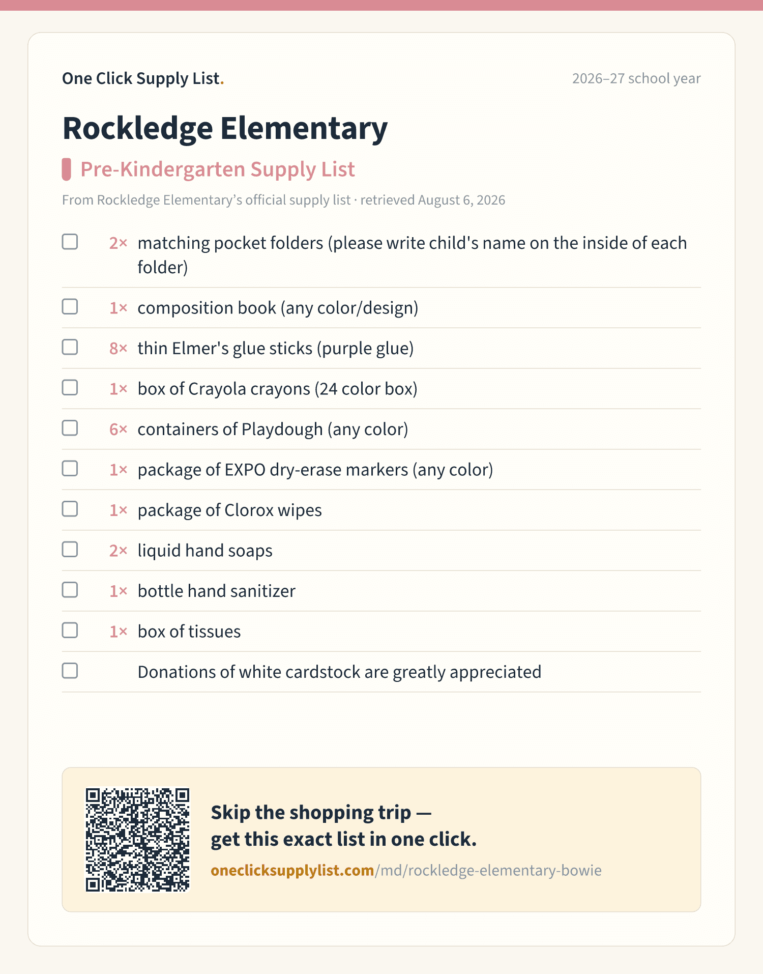 Rockledge Elementary Pre-Kindergarten Supply List supply list — printable image