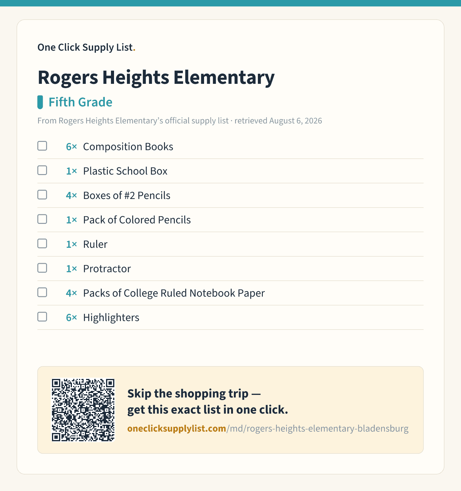 Rogers Heights Elementary Fifth Grade supply list — printable image