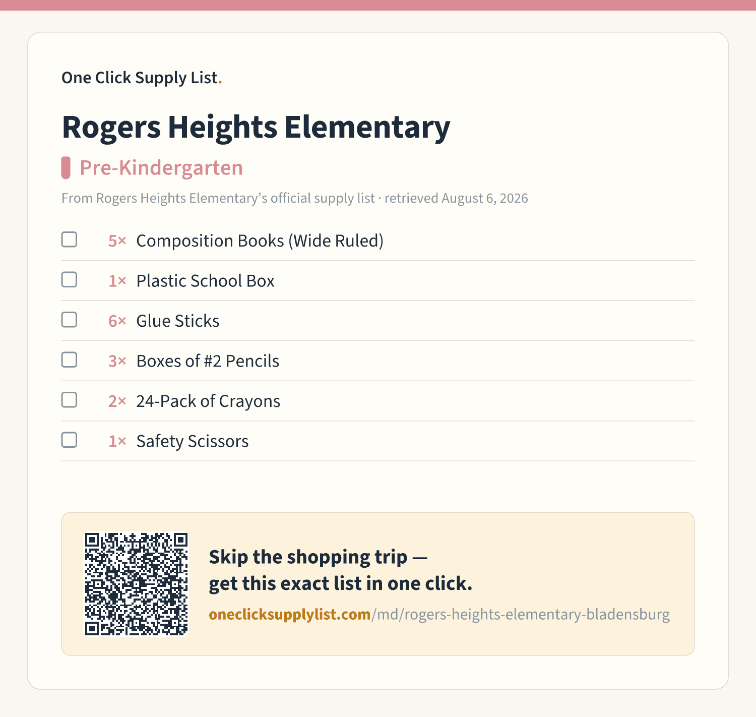 Rogers Heights Elementary Pre-Kindergarten supply list — printable image