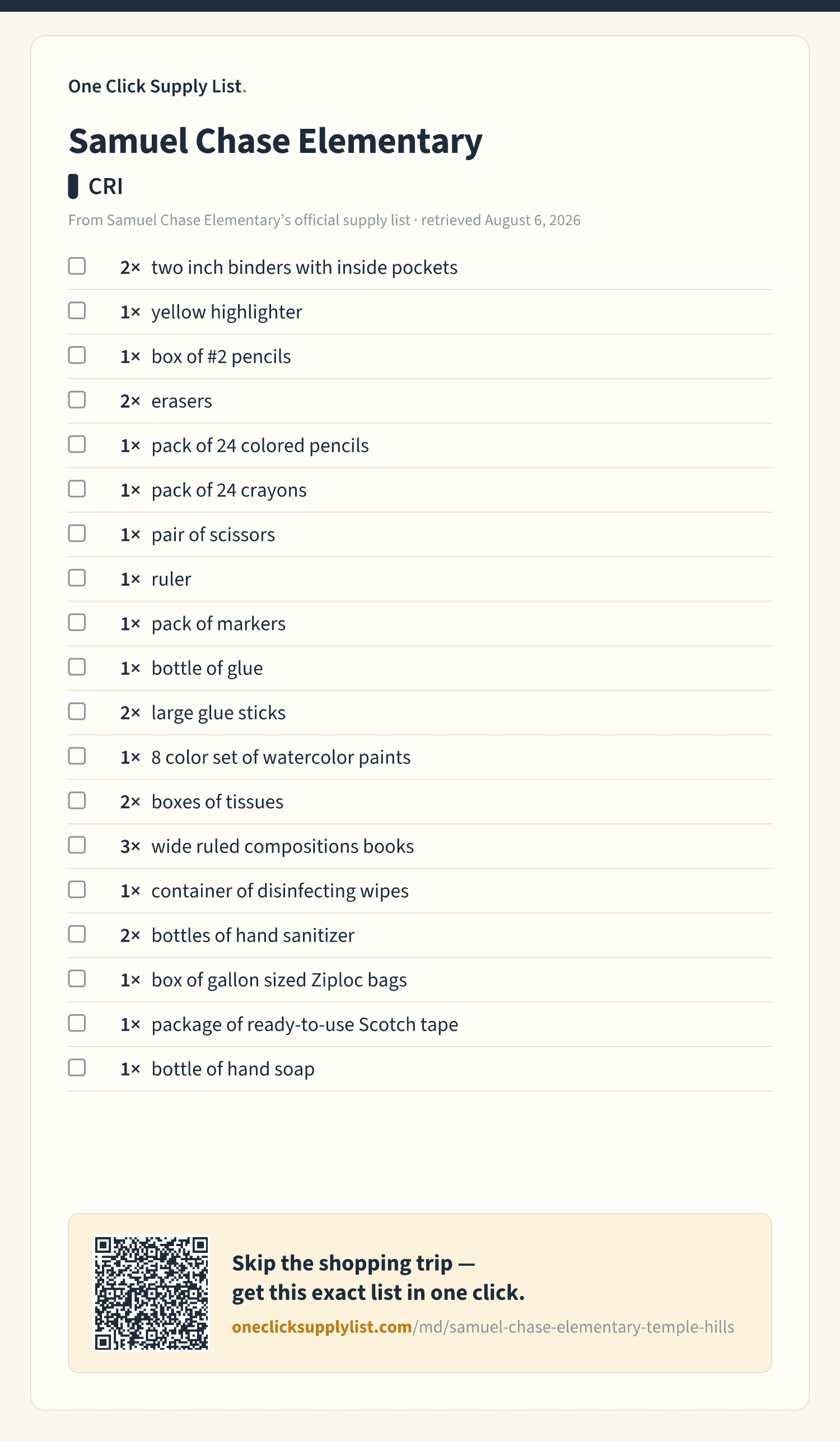 Samuel Chase Elementary CRI supply list — printable image