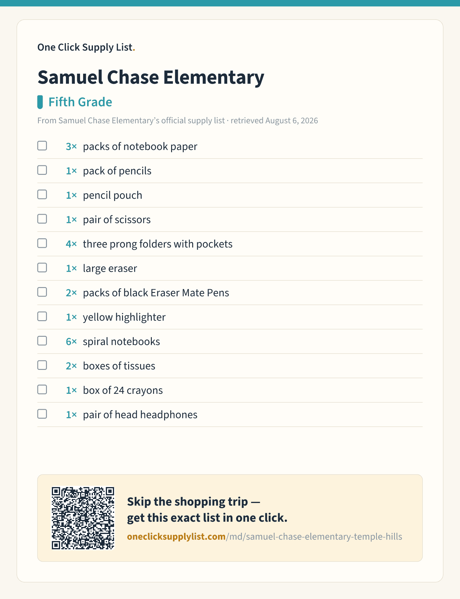 Samuel Chase Elementary Fifth Grade supply list — printable image