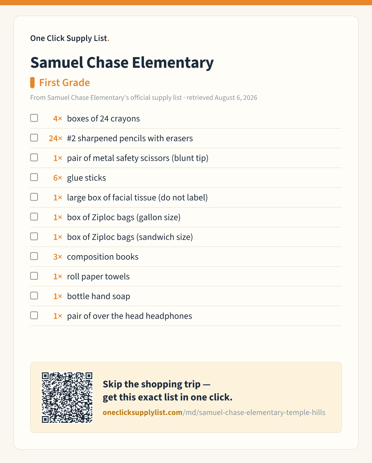 Samuel Chase Elementary First Grade supply list — printable image