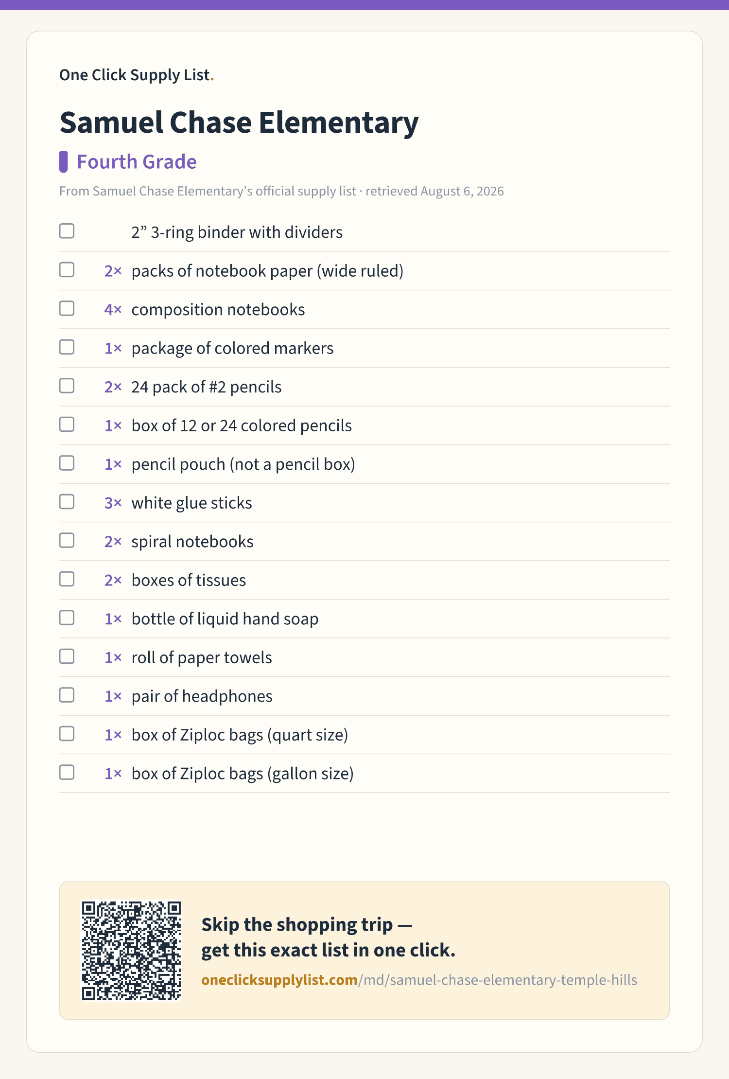 Samuel Chase Elementary Fourth Grade supply list — printable image