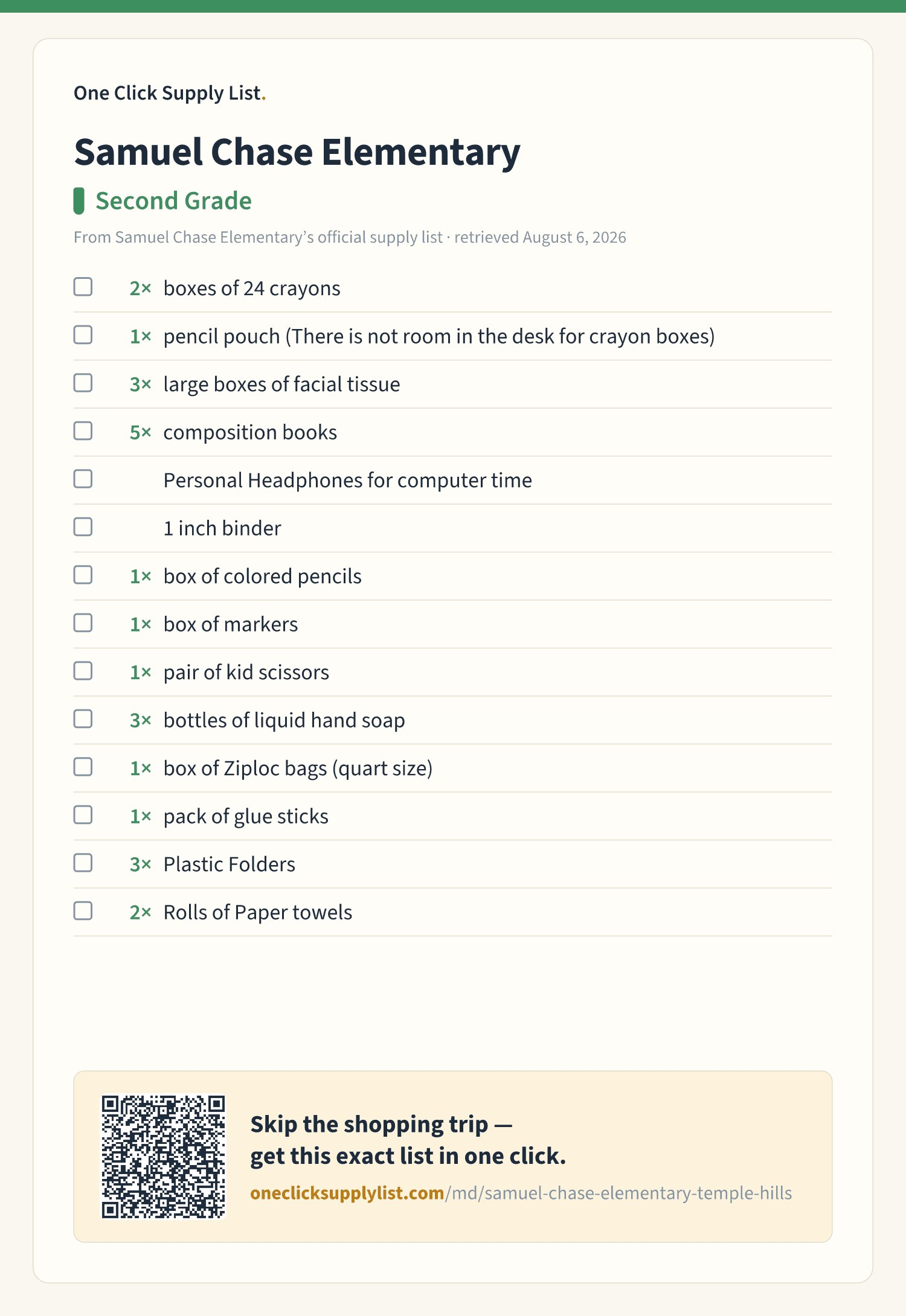 Samuel Chase Elementary Second Grade supply list — printable image