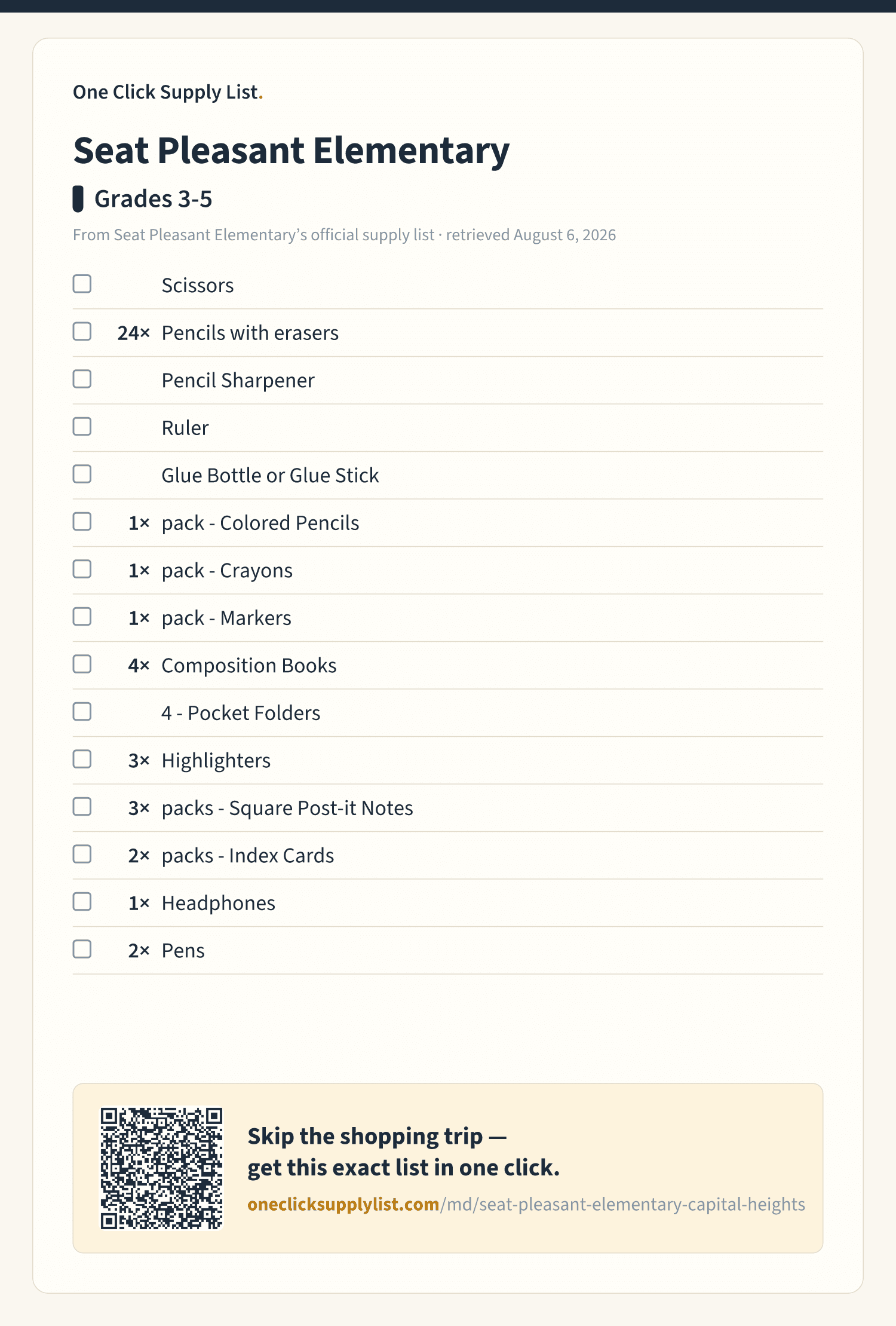 Seat Pleasant Elementary Grades 3-5 supply list — printable image
