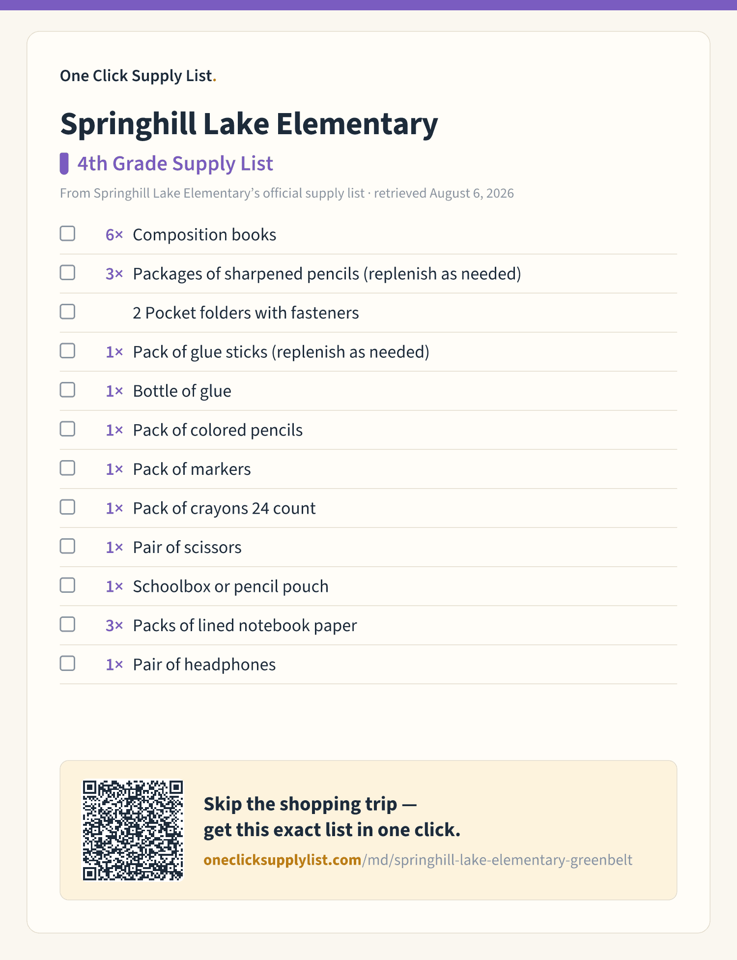 Springhill Lake Elementary 4th Grade Supply List supply list — printable image