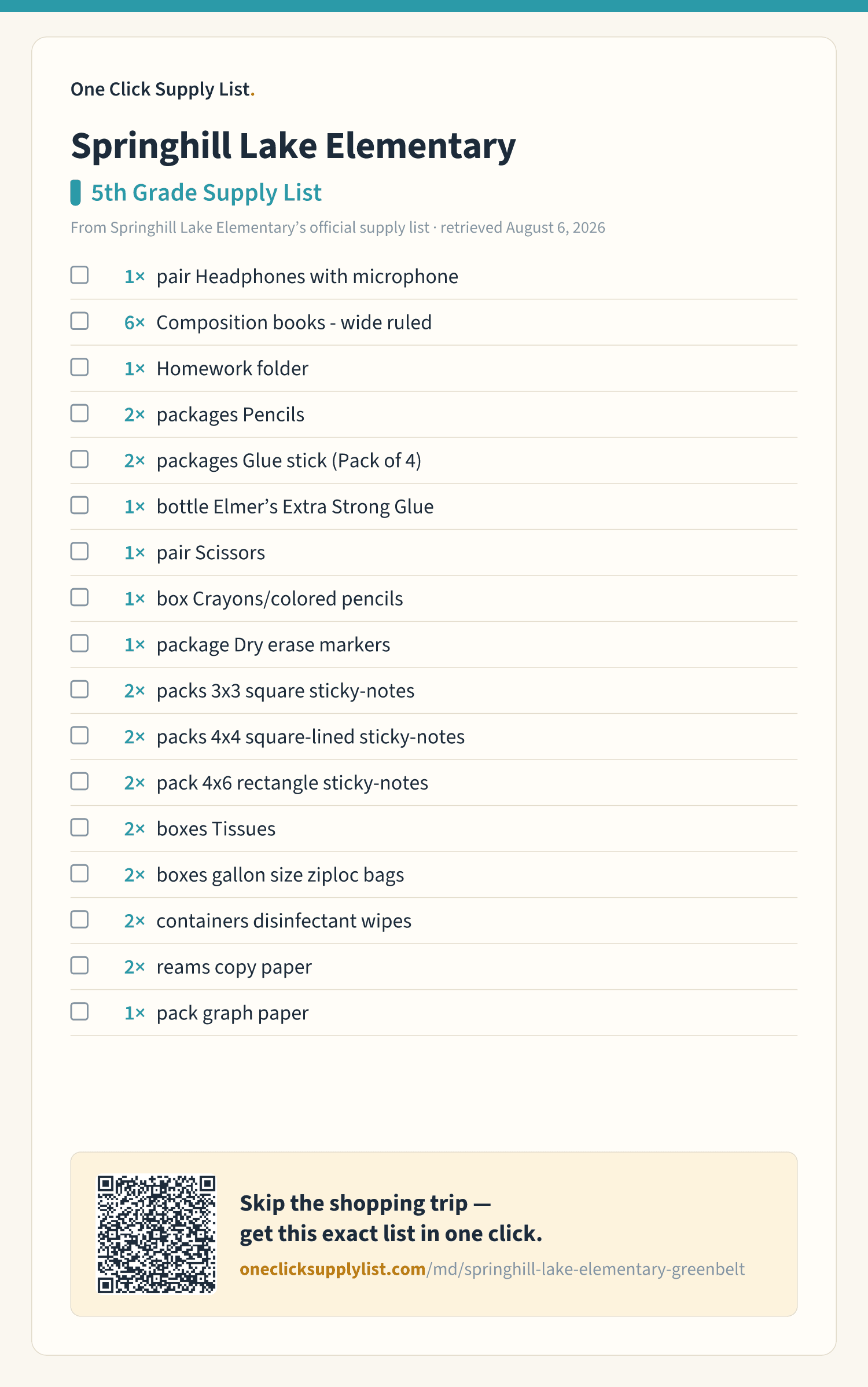 Springhill Lake Elementary 5th Grade Supply List supply list — printable image