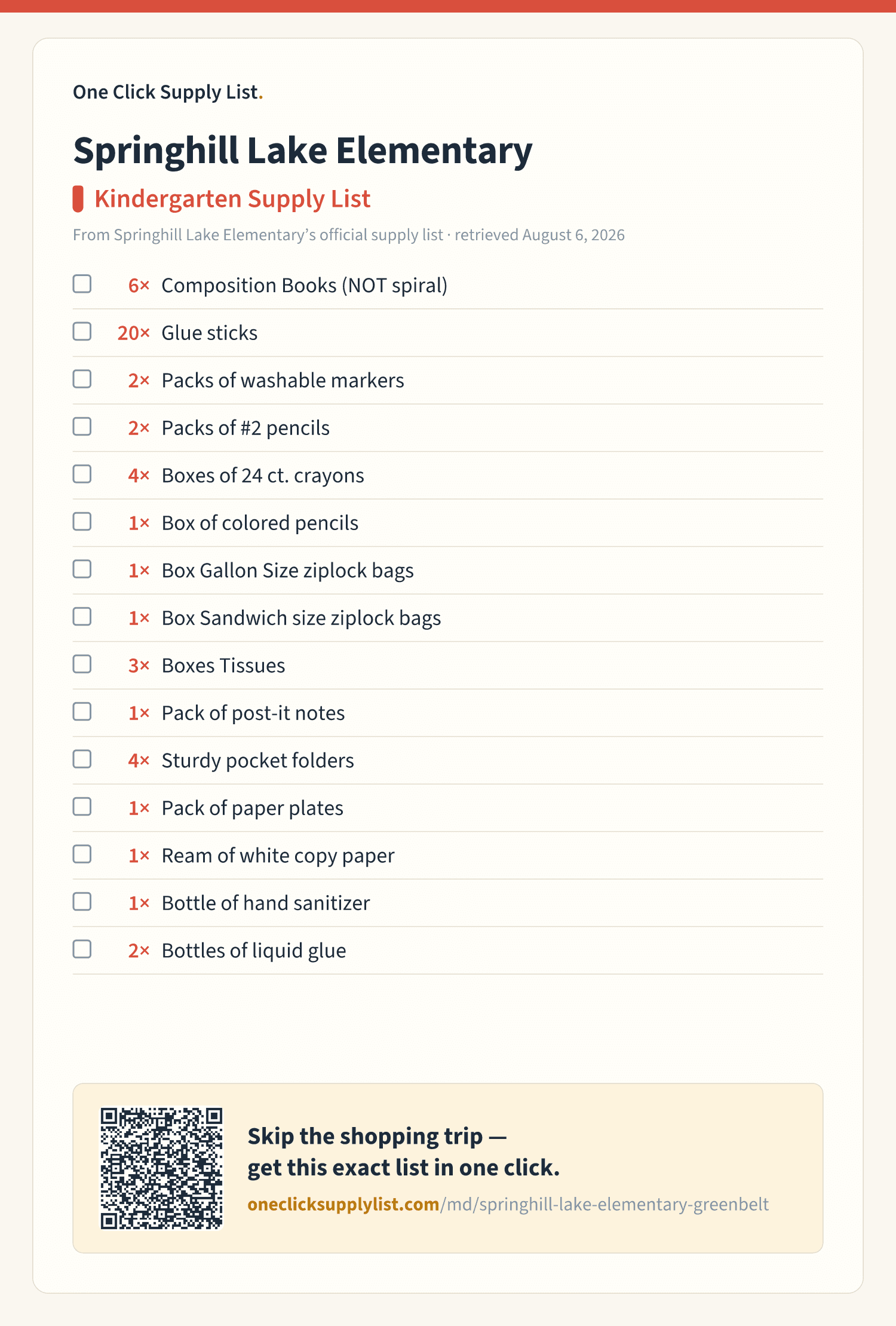 Springhill Lake Elementary Kindergarten Supply List supply list — printable image