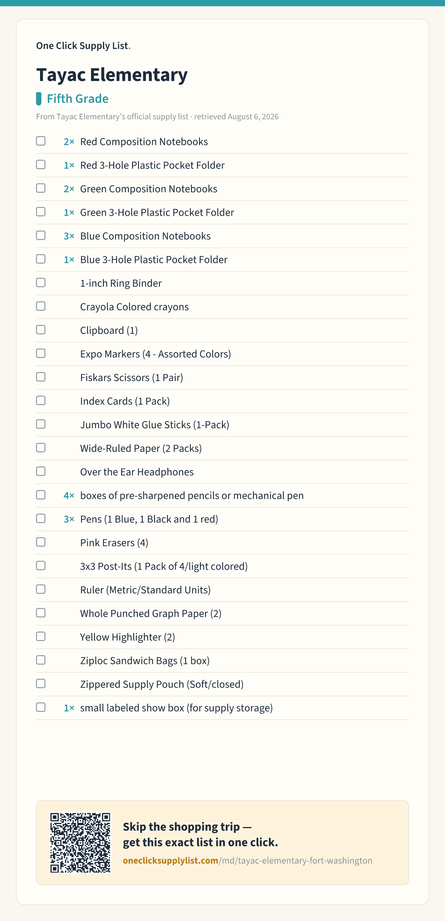 Tayac Elementary Fifth Grade supply list — printable image