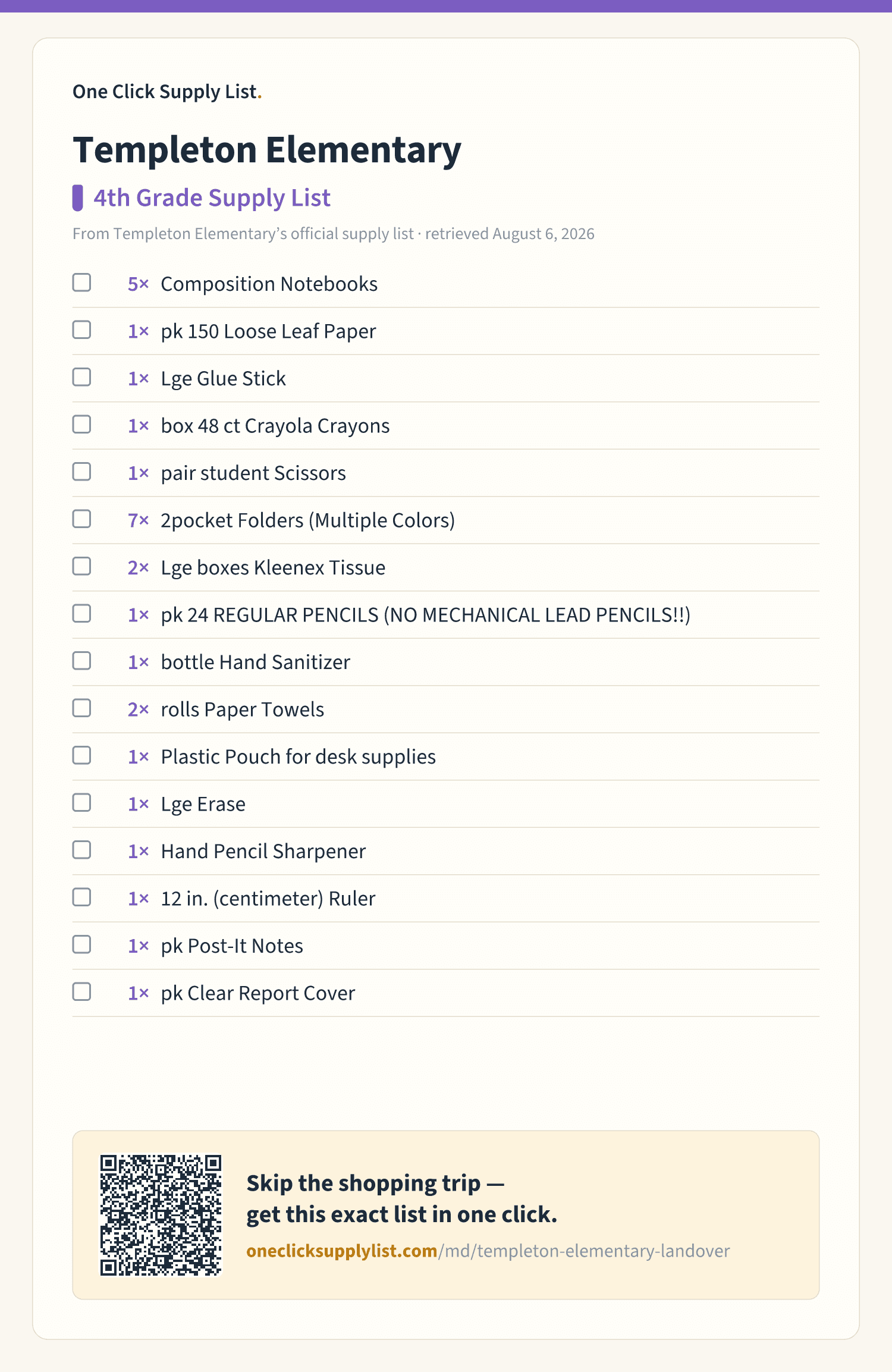 Templeton Elementary 4th Grade Supply List supply list — printable image