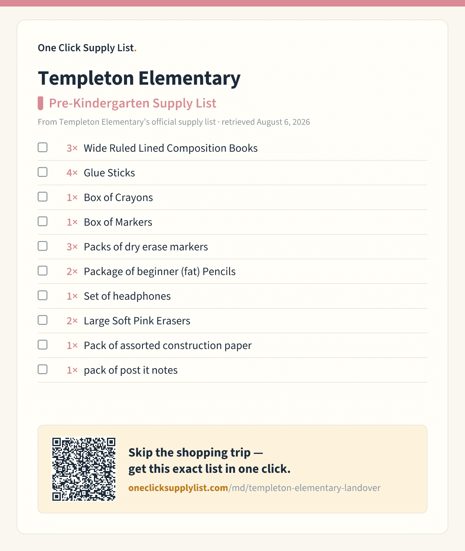 Templeton Elementary Pre-Kindergarten Supply List supply list — printable image