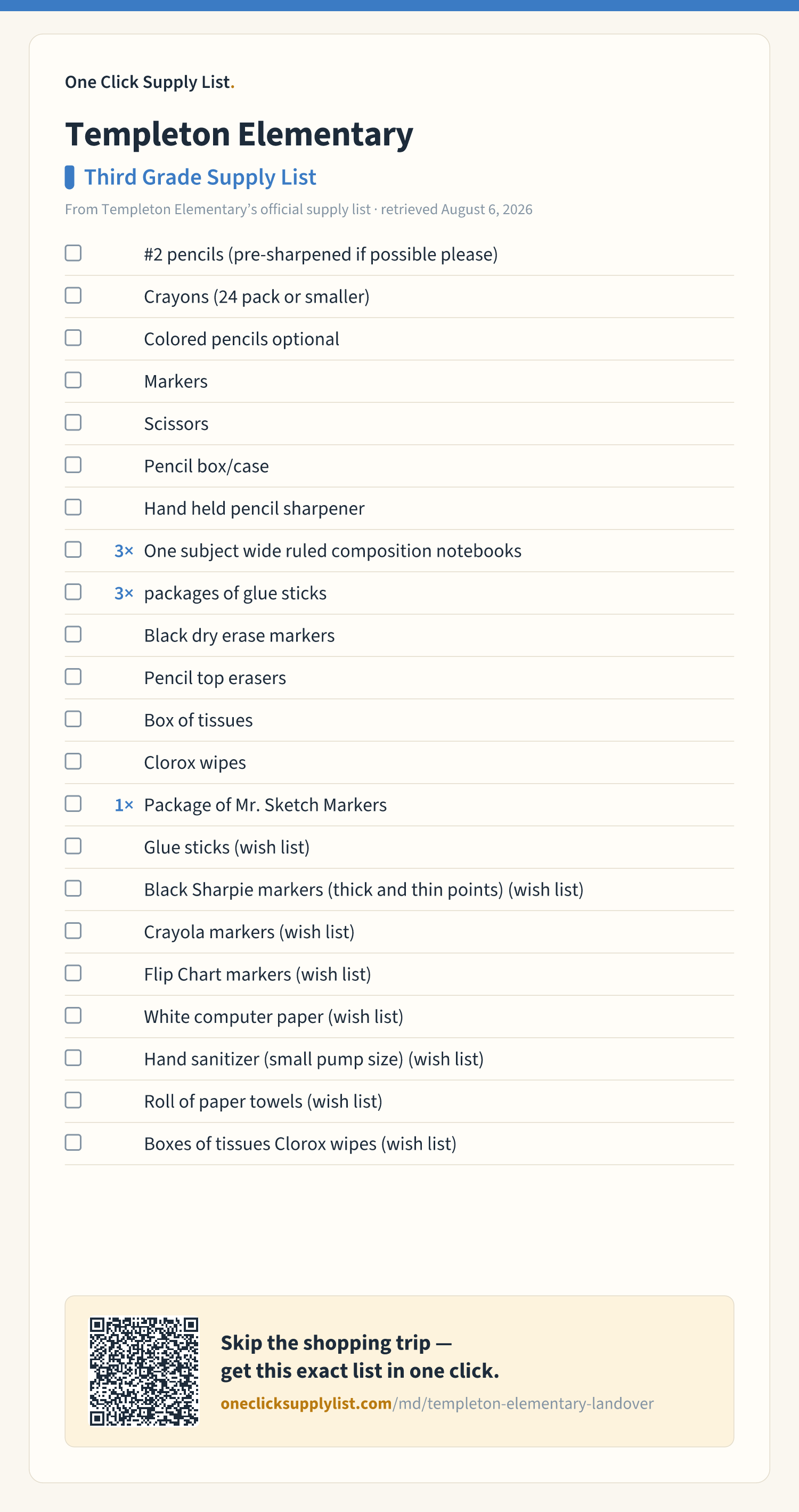 Templeton Elementary Third Grade Supply List supply list — printable image