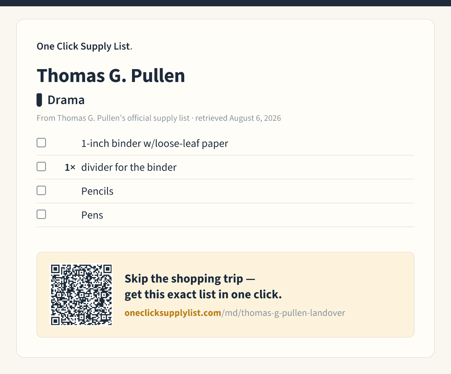 Thomas G. Pullen Drama supply list — printable image
