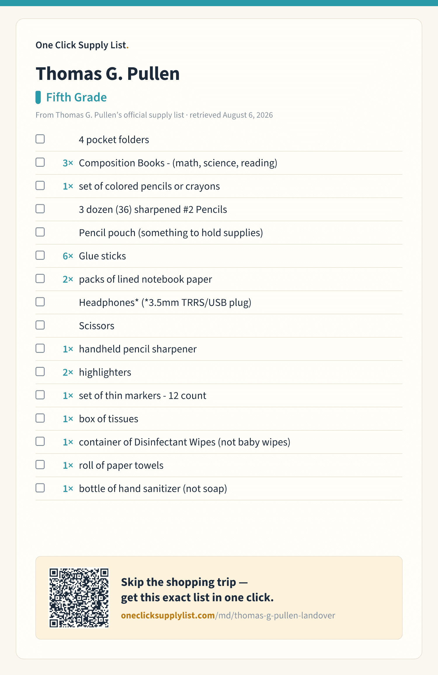 Thomas G. Pullen Fifth Grade supply list — printable image