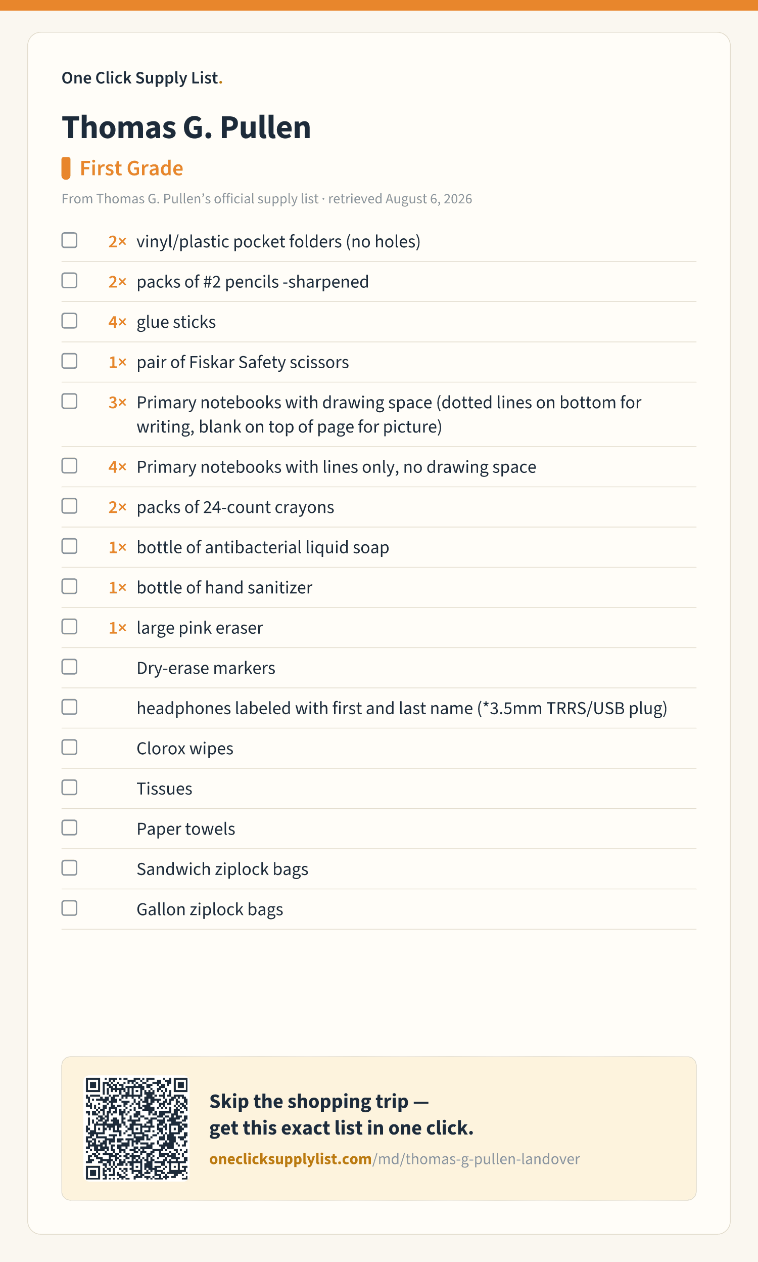 Thomas G. Pullen First Grade supply list — printable image