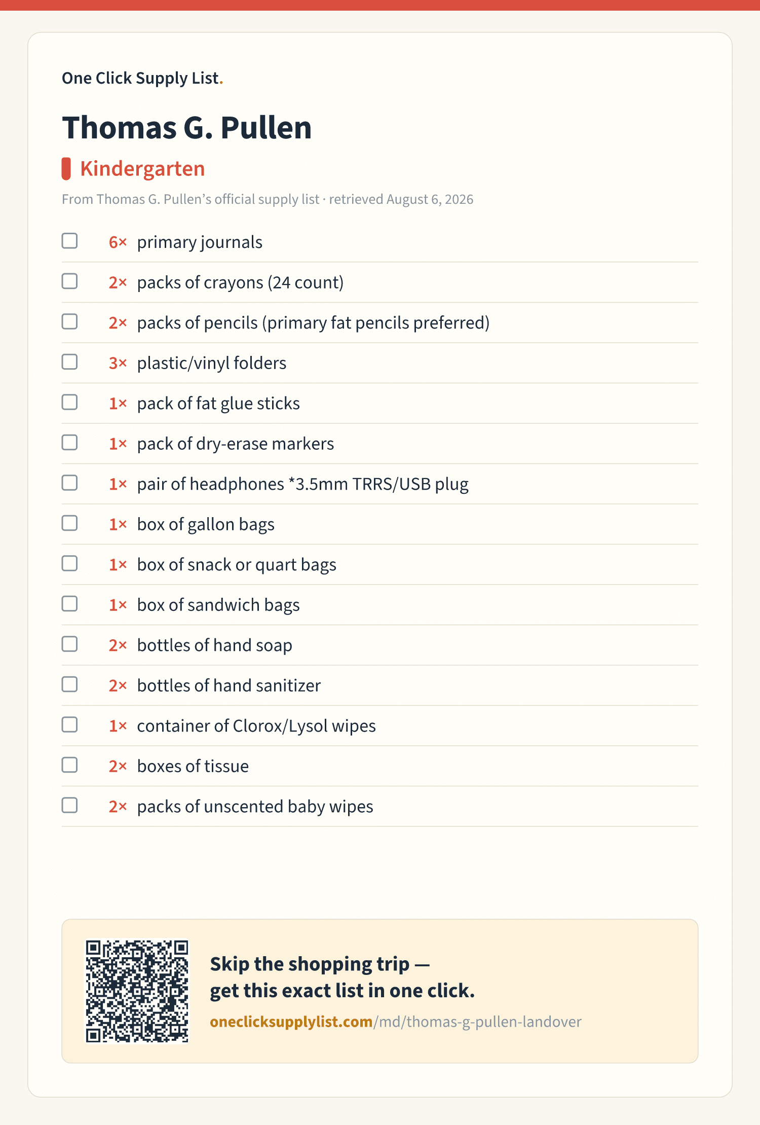 Thomas G. Pullen Kindergarten supply list — printable image