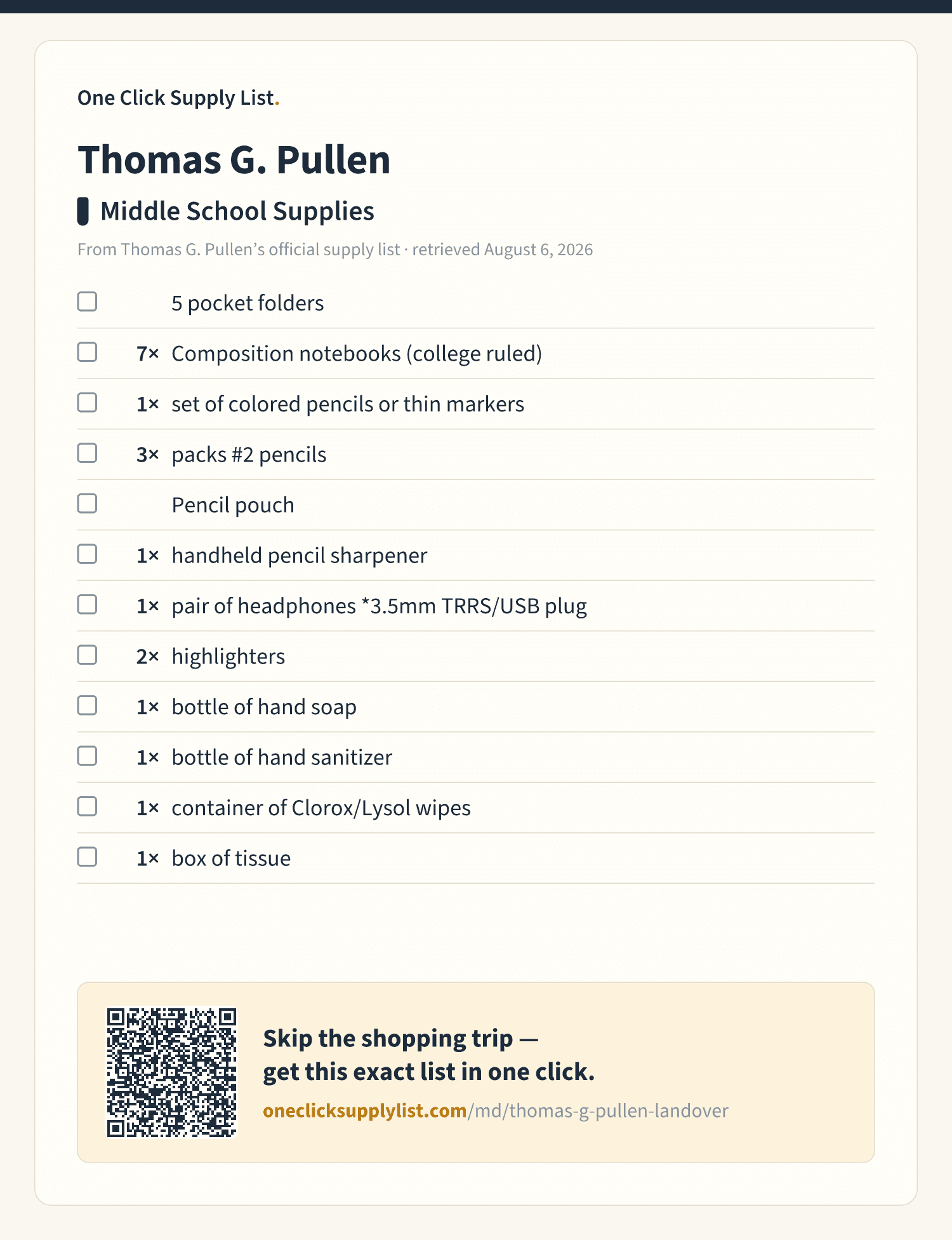 Thomas G. Pullen Middle School Supplies supply list — printable image
