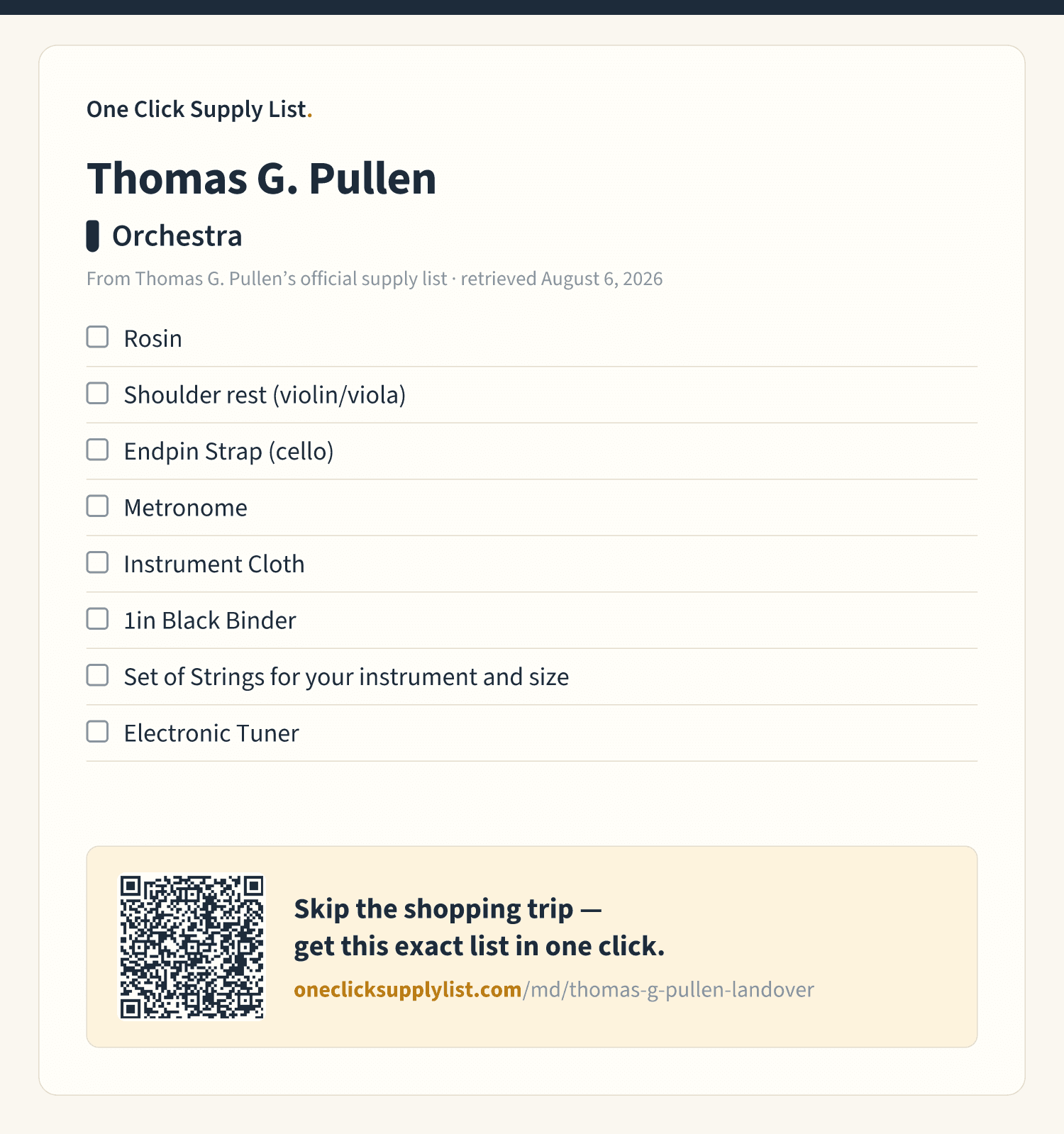 Thomas G. Pullen Orchestra supply list — printable image