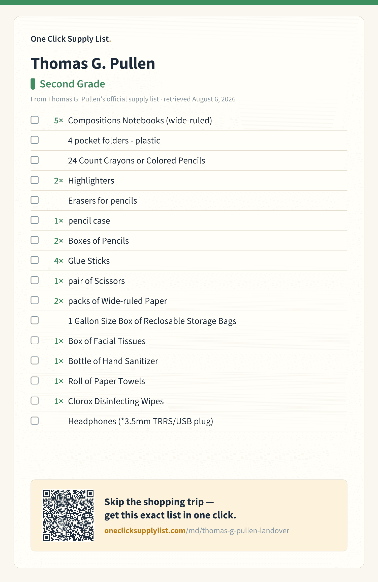 Thomas G. Pullen Second Grade supply list — printable image
