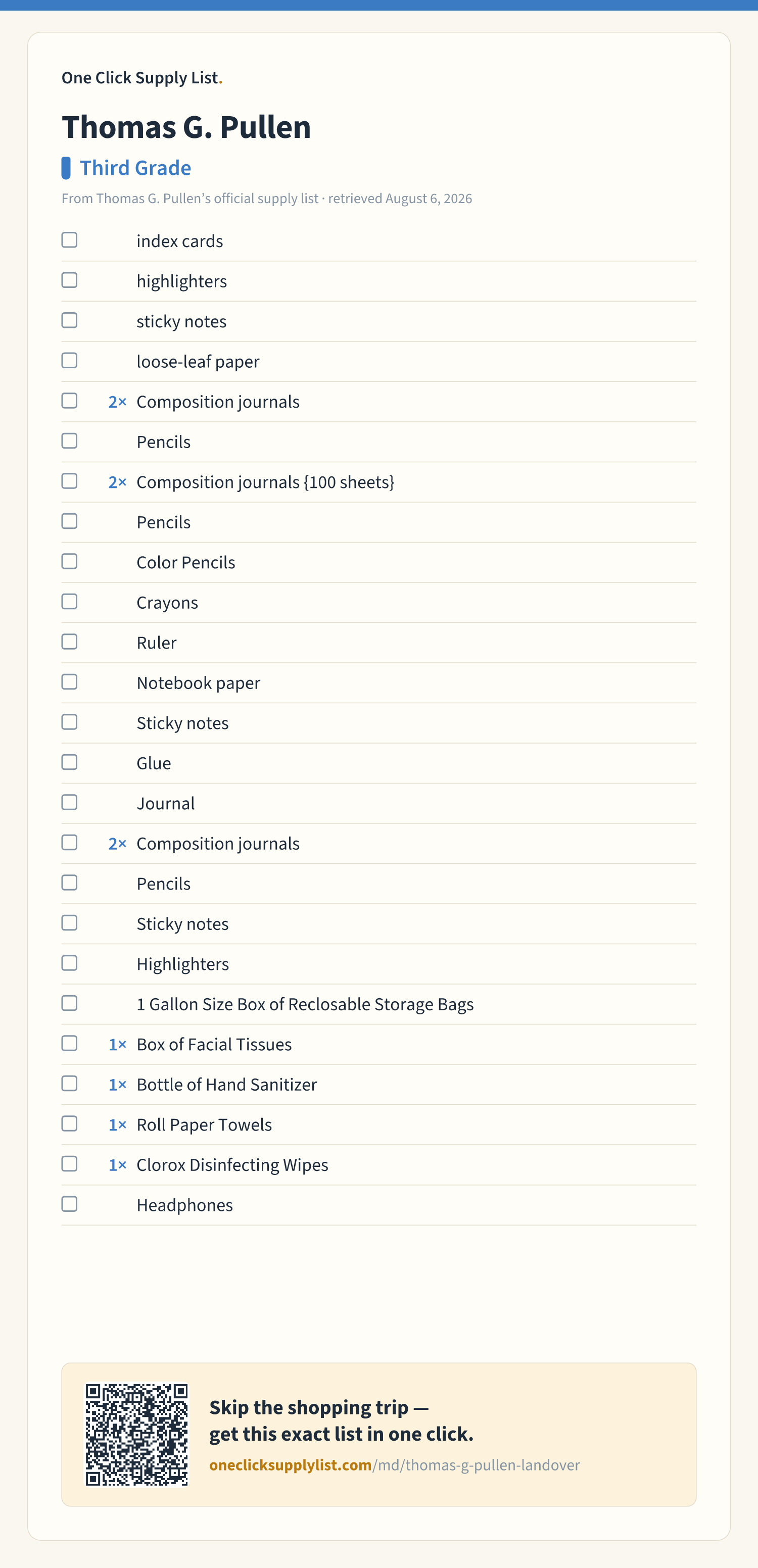 Thomas G. Pullen Third Grade supply list — printable image
