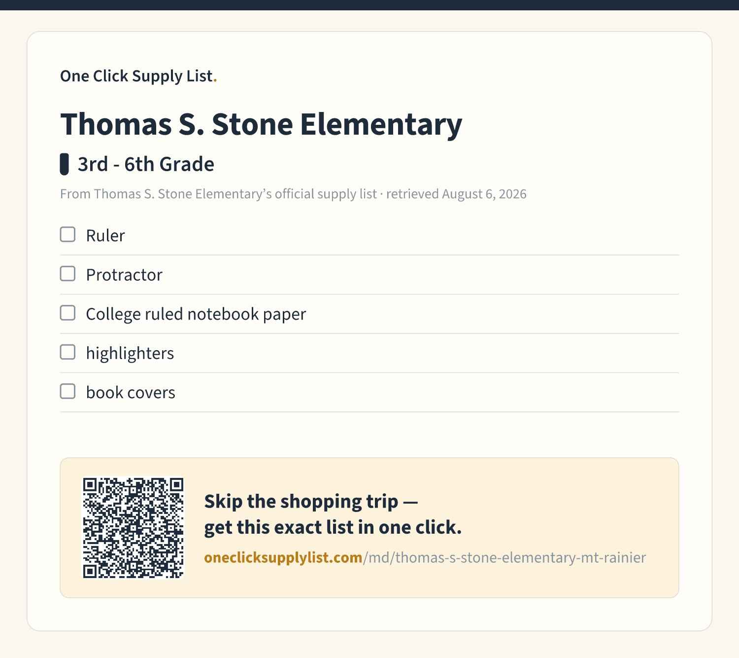 Thomas S. Stone Elementary 3rd - 6th Grade supply list — printable image