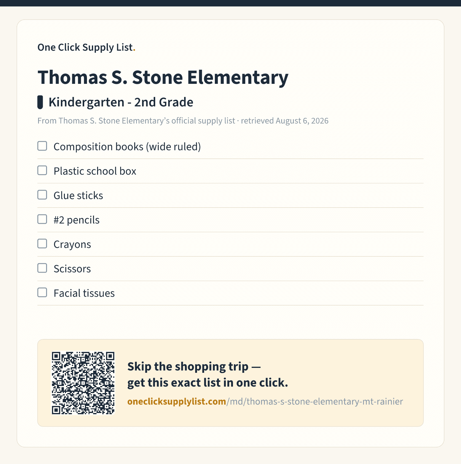 Thomas S. Stone Elementary Kindergarten - 2nd Grade supply list — printable image