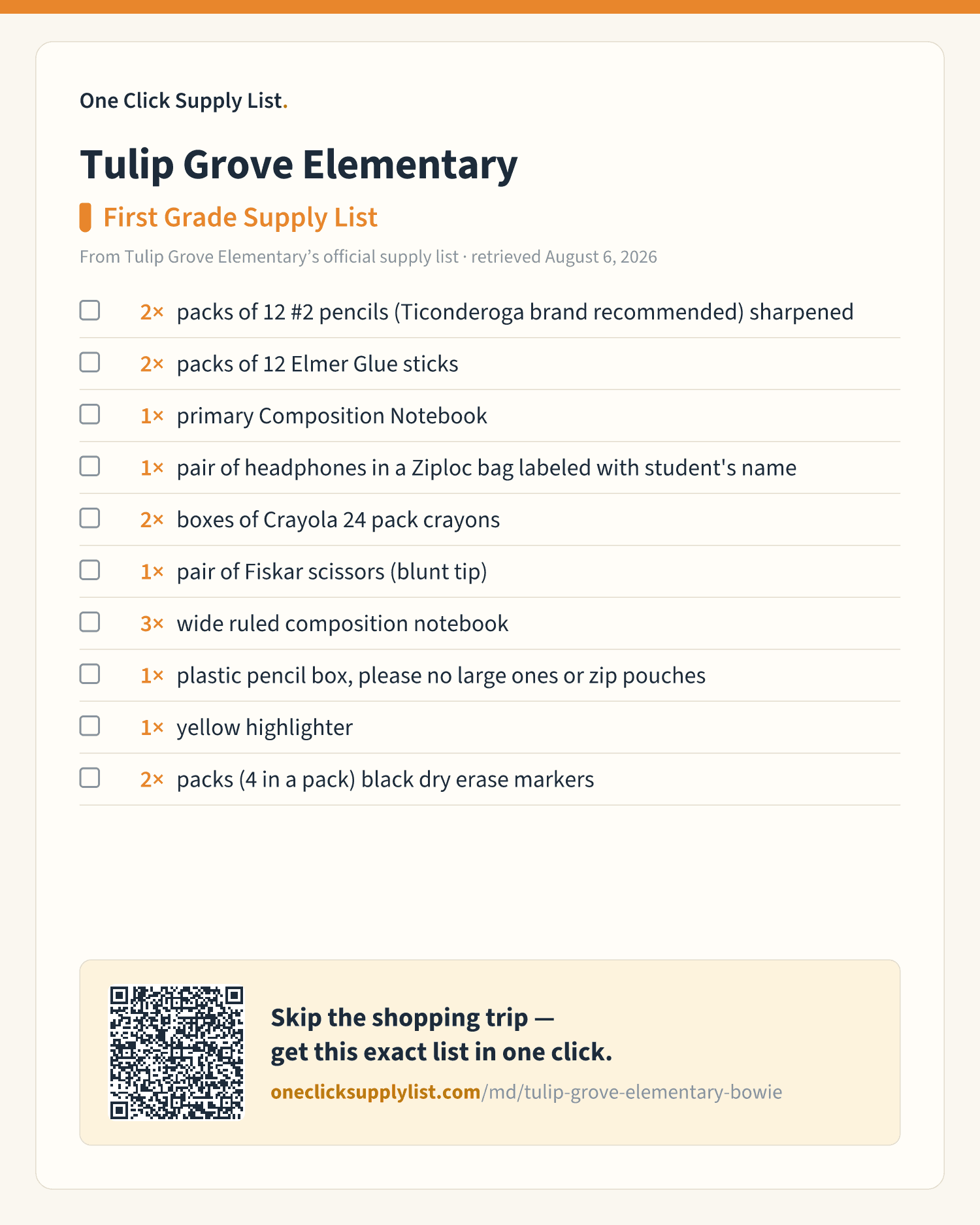 Tulip Grove Elementary First Grade Supply List supply list — printable image