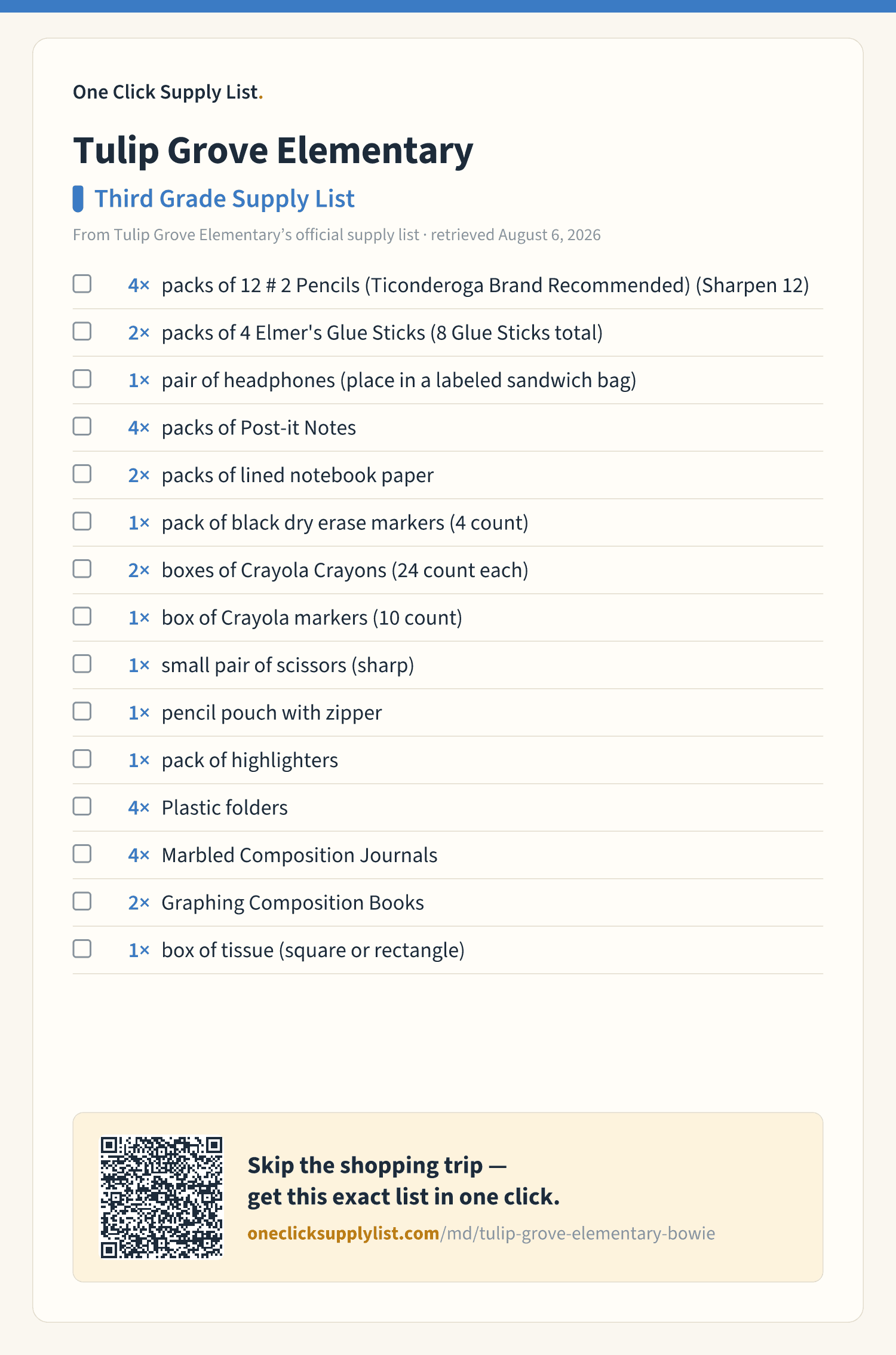 Tulip Grove Elementary Third Grade Supply List supply list — printable image