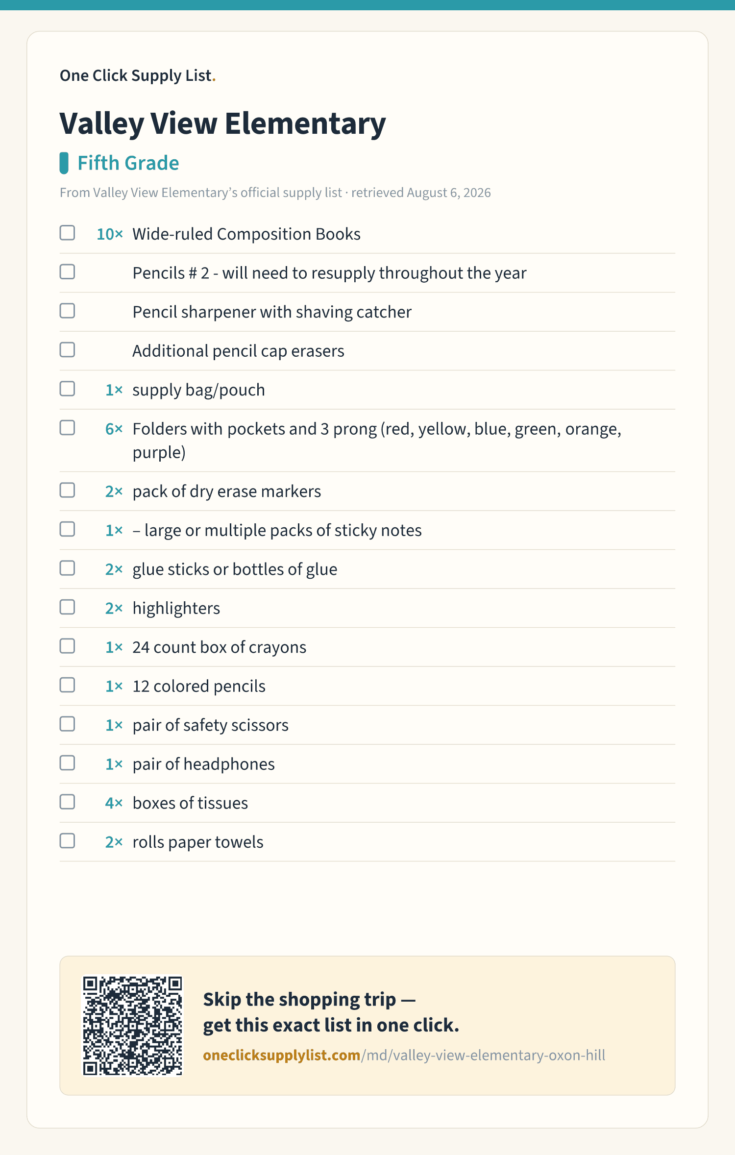 Valley View Elementary Fifth Grade supply list — printable image