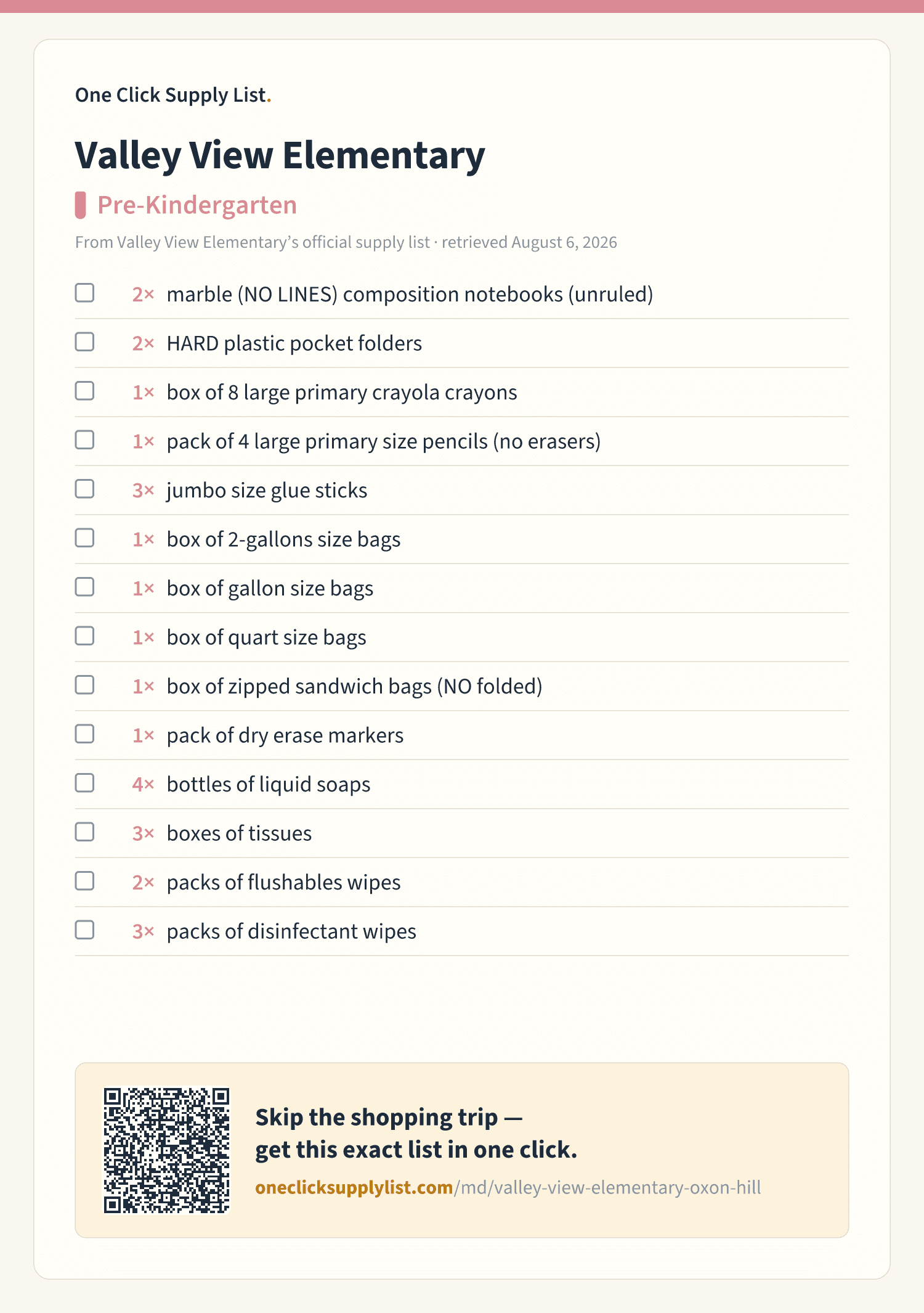 Valley View Elementary Pre-Kindergarten supply list — printable image