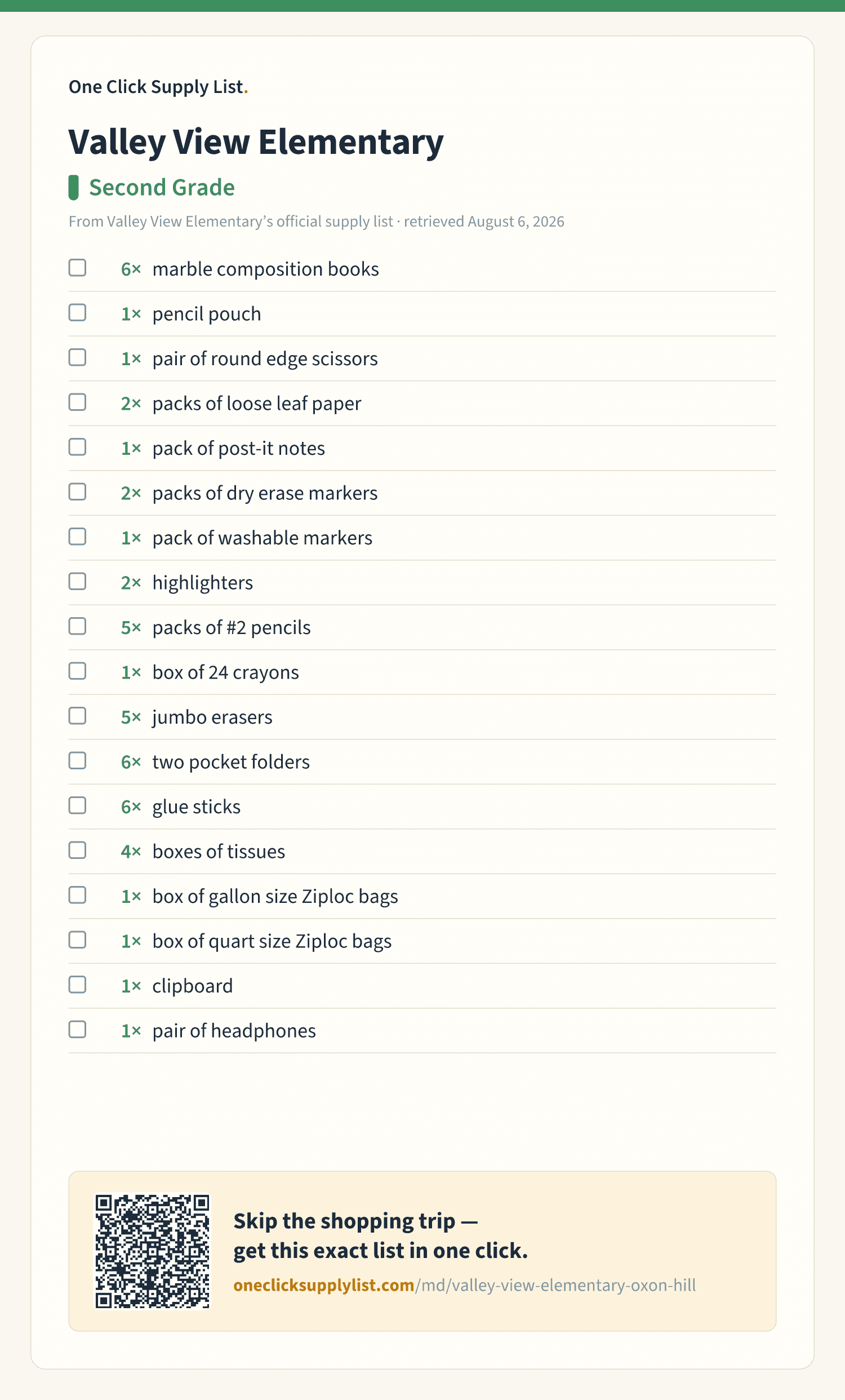 Valley View Elementary Second Grade supply list — printable image