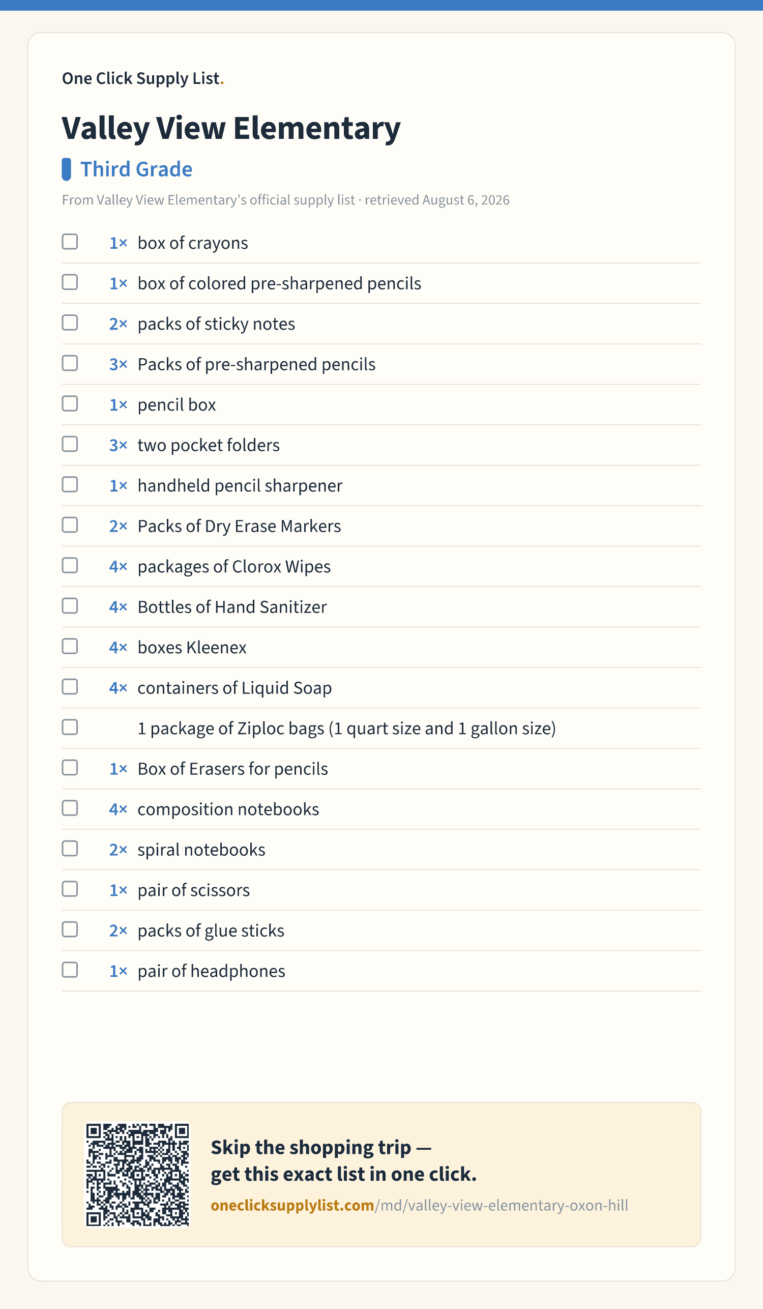 Valley View Elementary Third Grade supply list — printable image