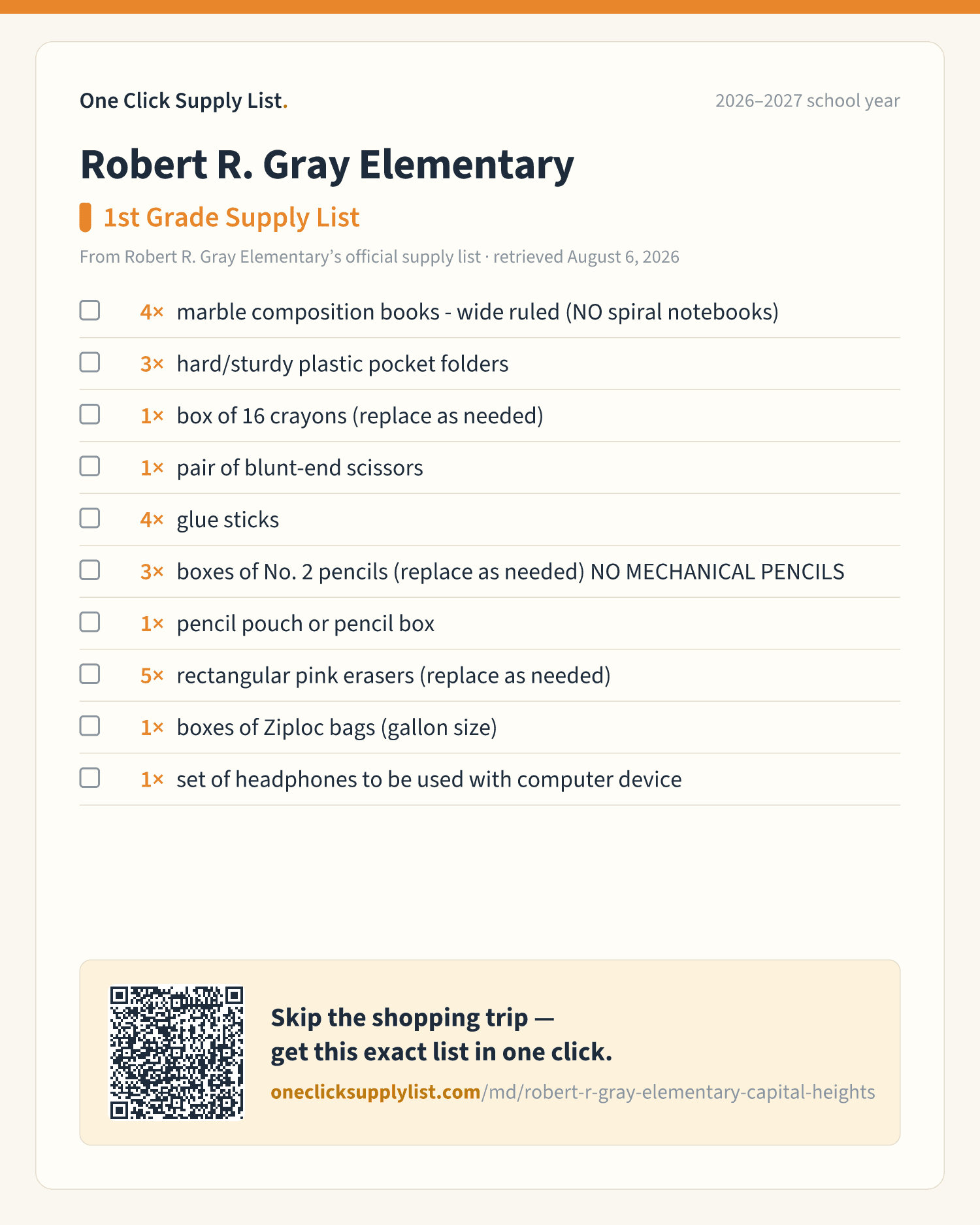 Robert R. Gray Elementary 1st Grade Supply List supply list — printable image
