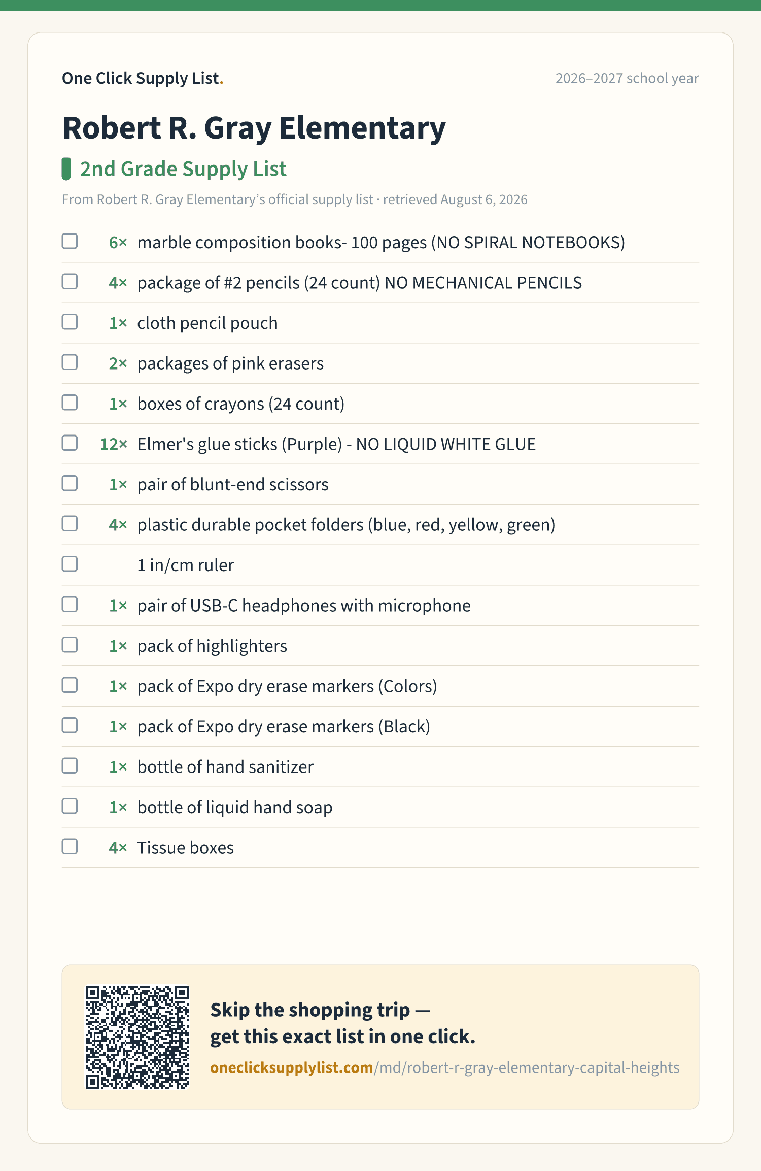 Robert R. Gray Elementary 2nd Grade Supply List supply list — printable image