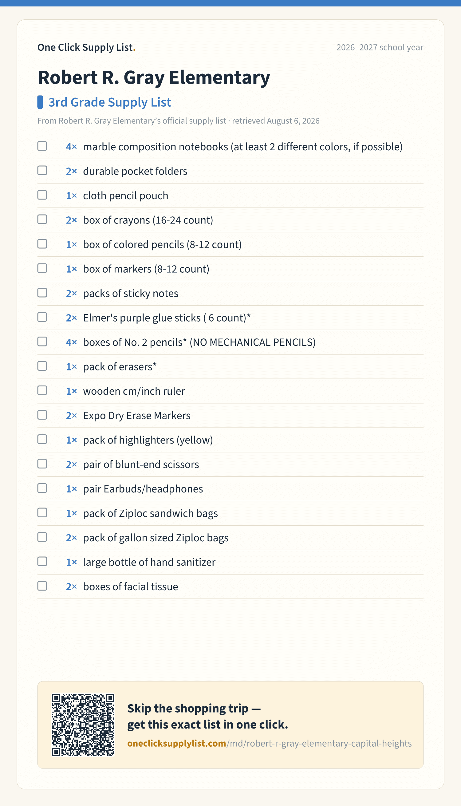 Robert R. Gray Elementary 3rd Grade Supply List supply list — printable image