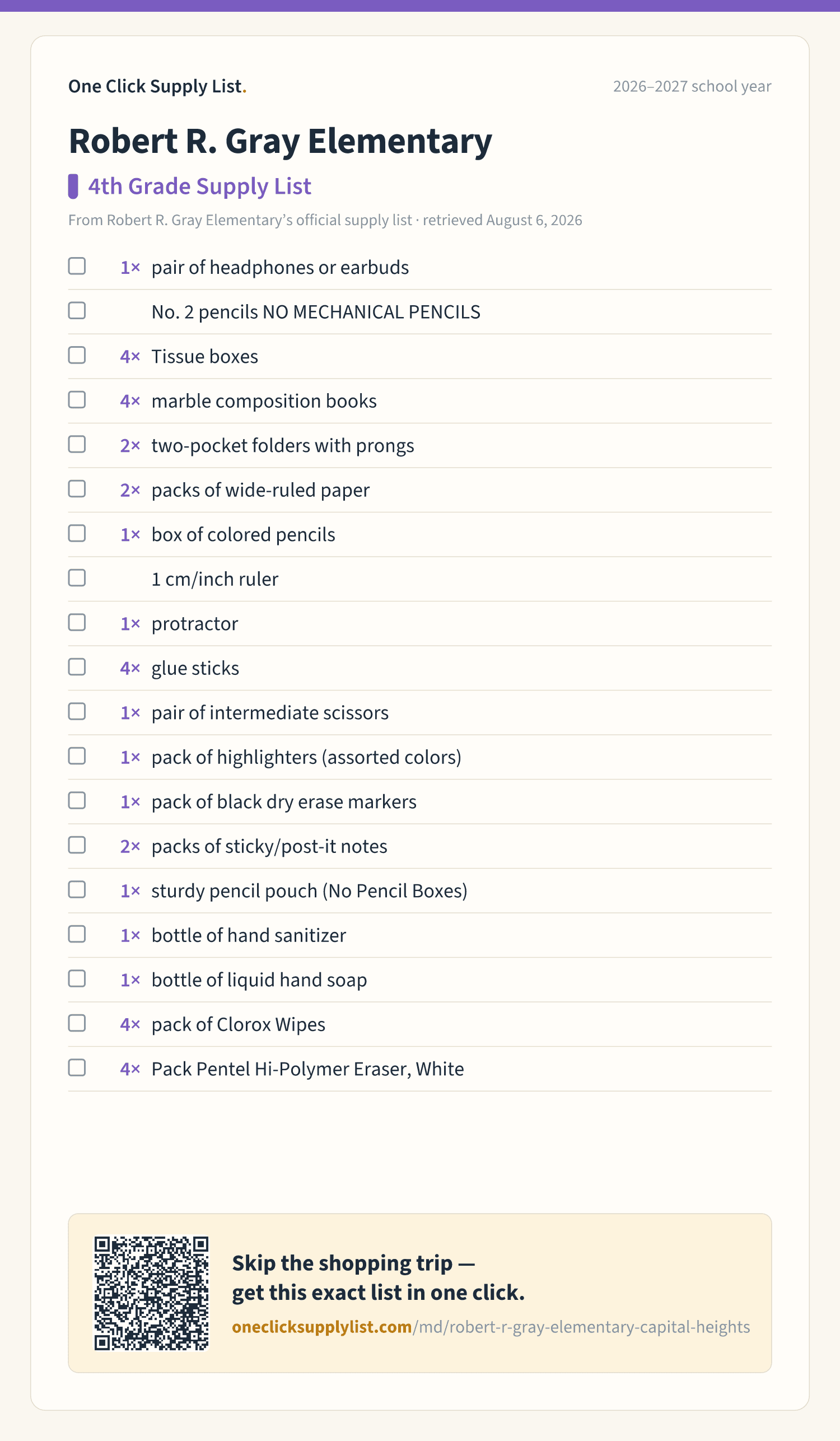 Robert R. Gray Elementary 4th Grade Supply List supply list — printable image