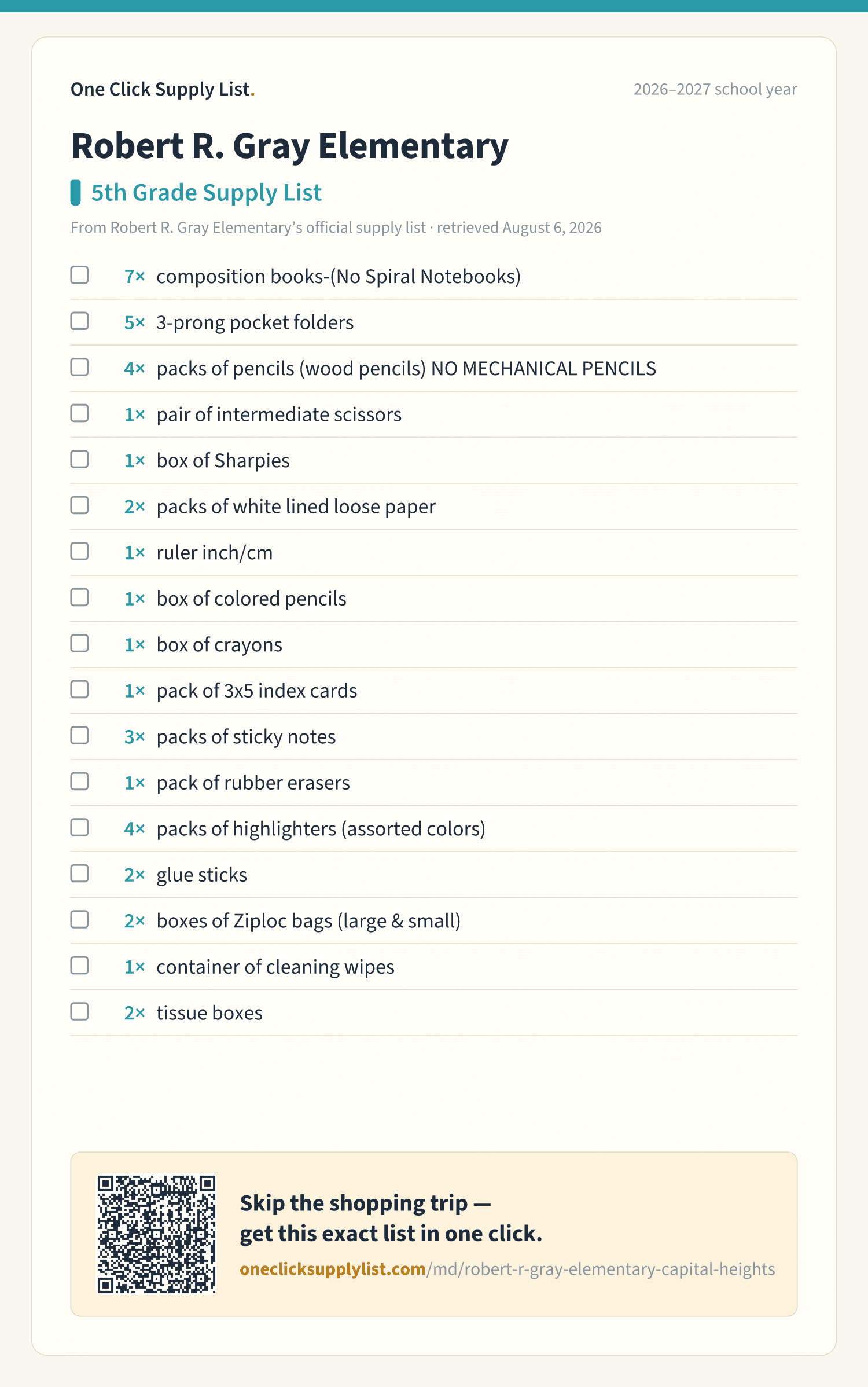 Robert R. Gray Elementary 5th Grade Supply List supply list — printable image