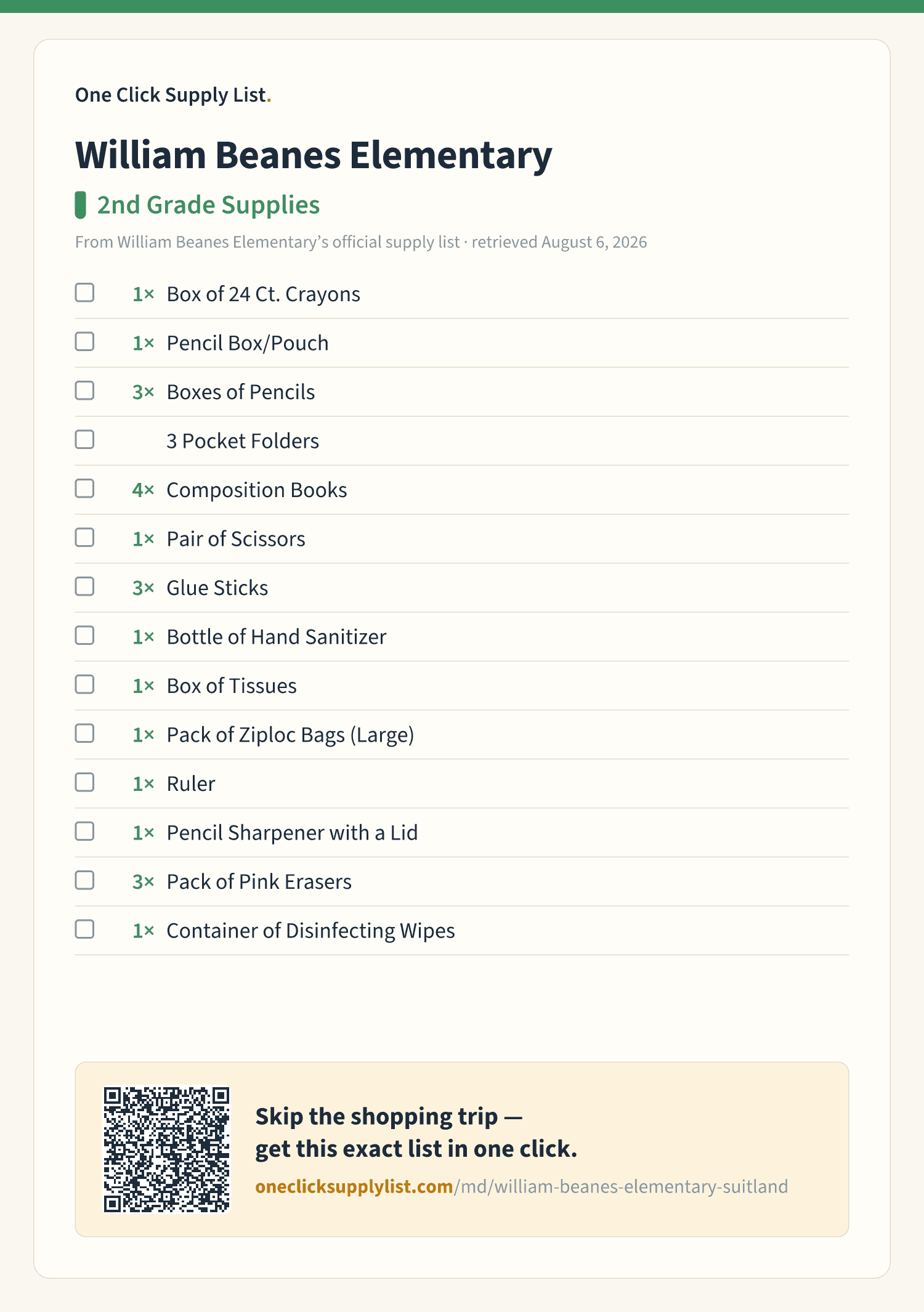 William Beanes Elementary 2nd Grade Supplies supply list — printable image