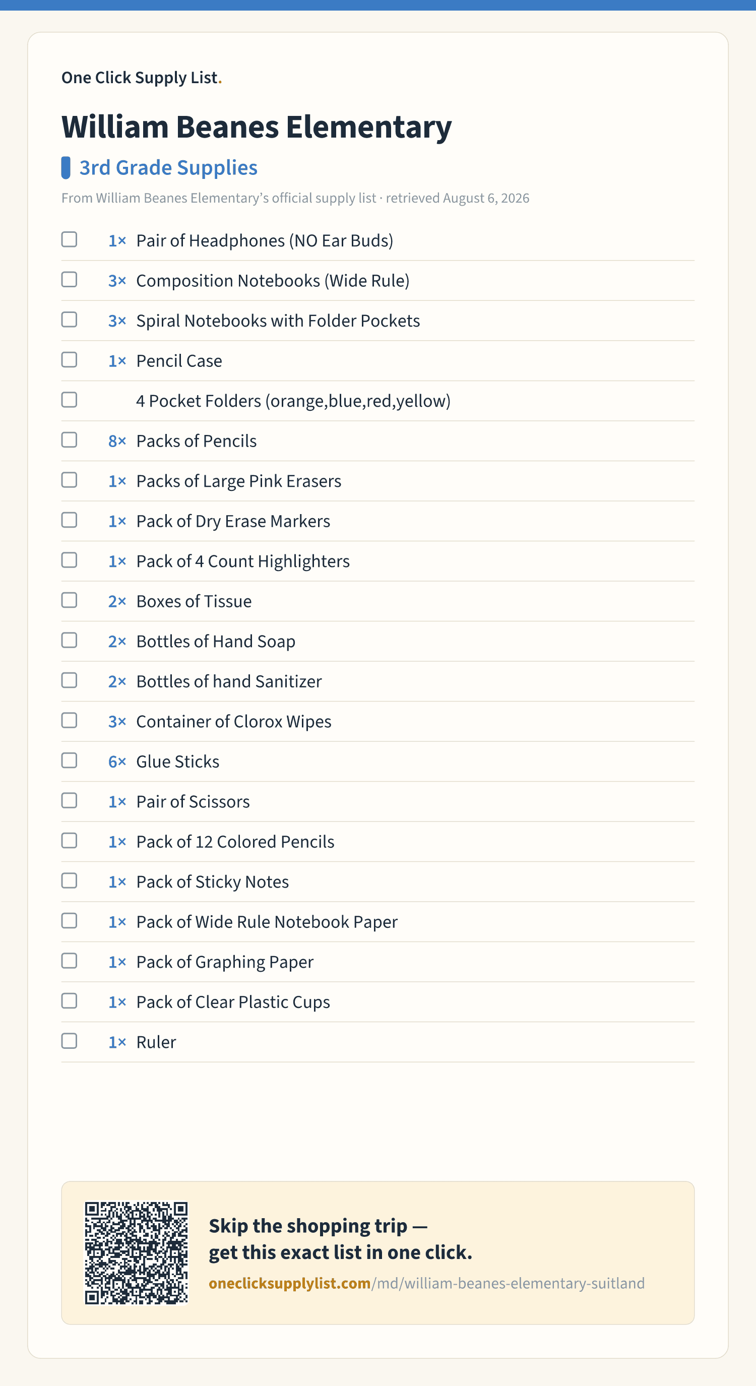 William Beanes Elementary 3rd Grade Supplies supply list — printable image