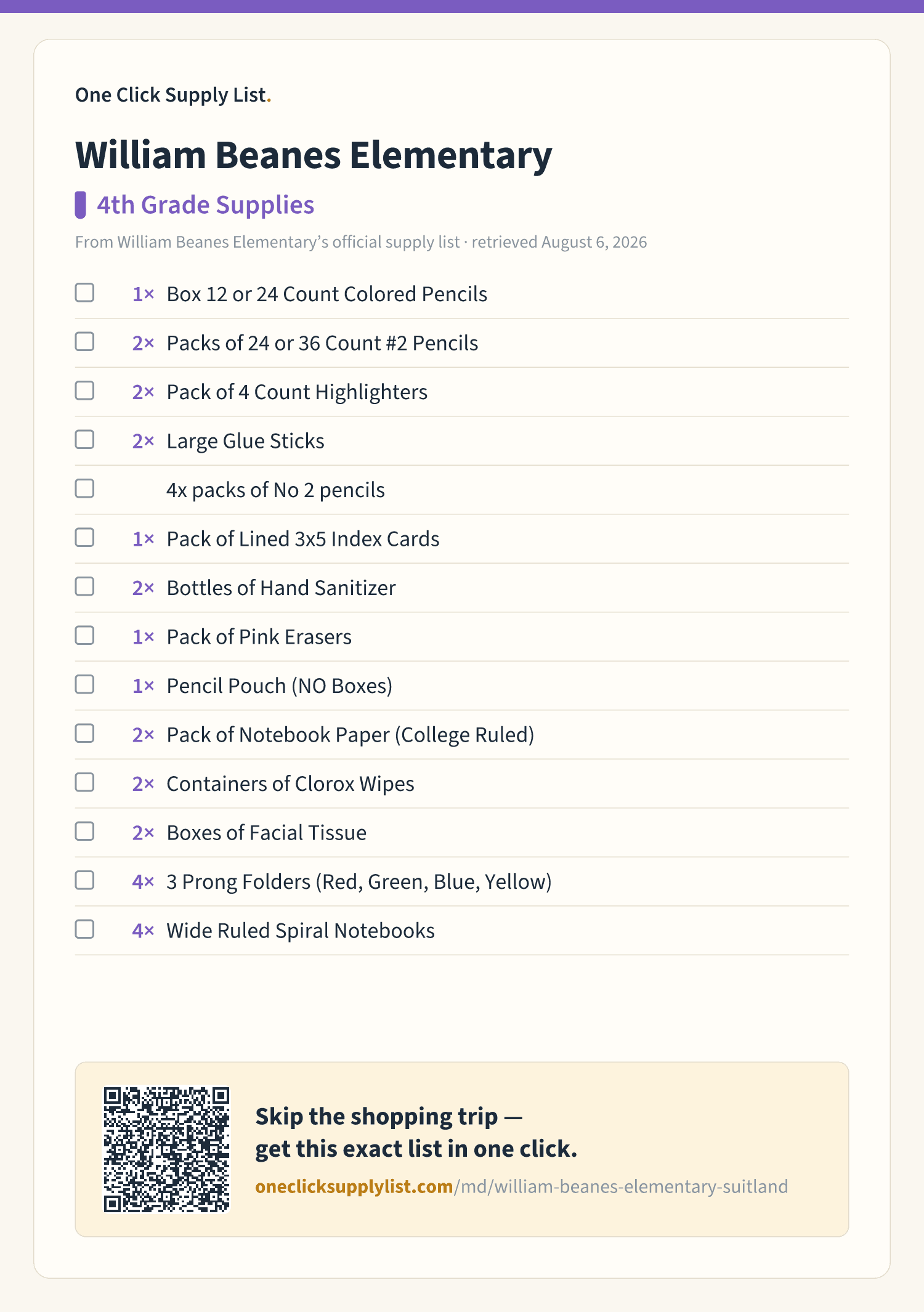 William Beanes Elementary 4th Grade Supplies supply list — printable image