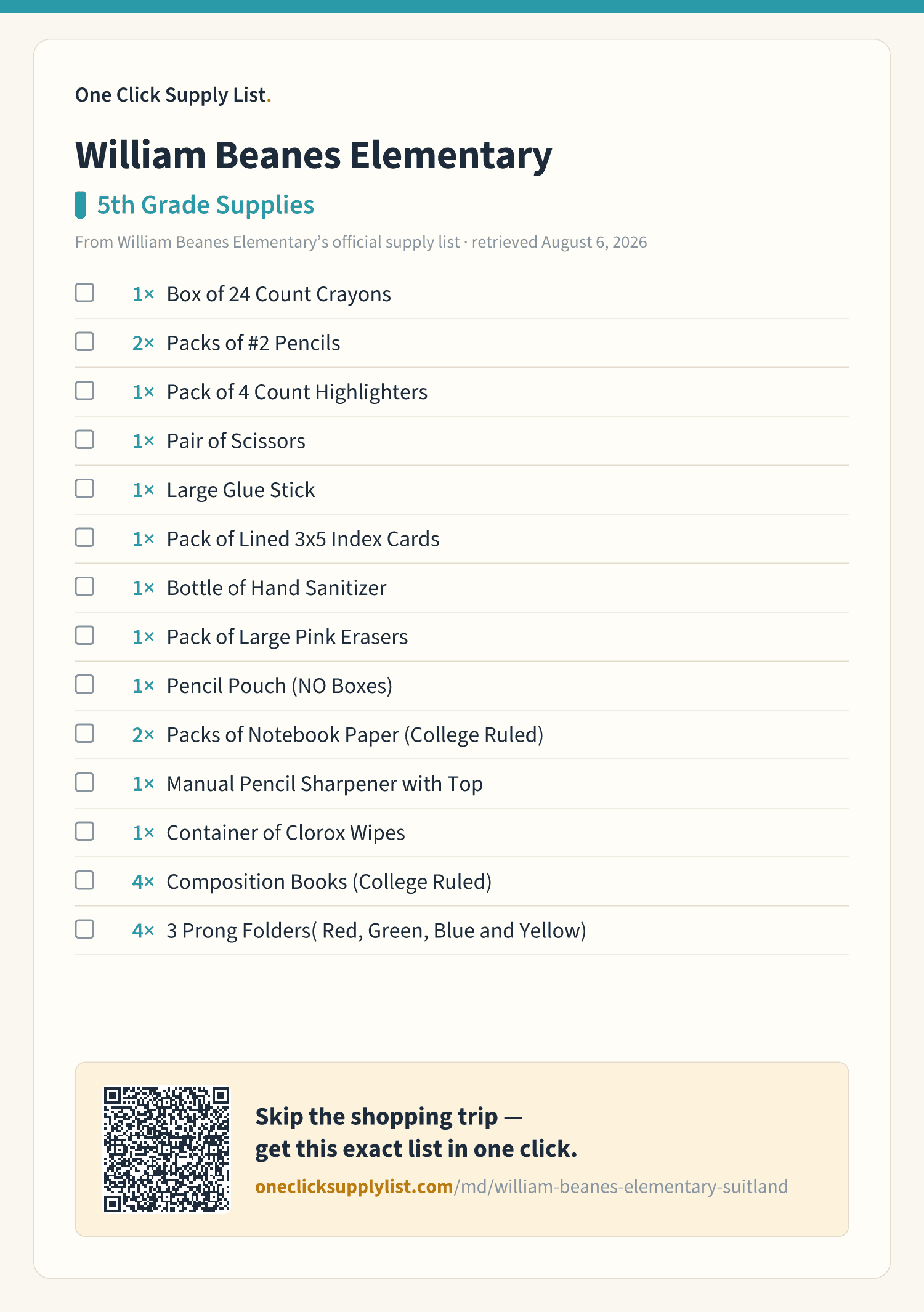 William Beanes Elementary 5th Grade Supplies supply list — printable image