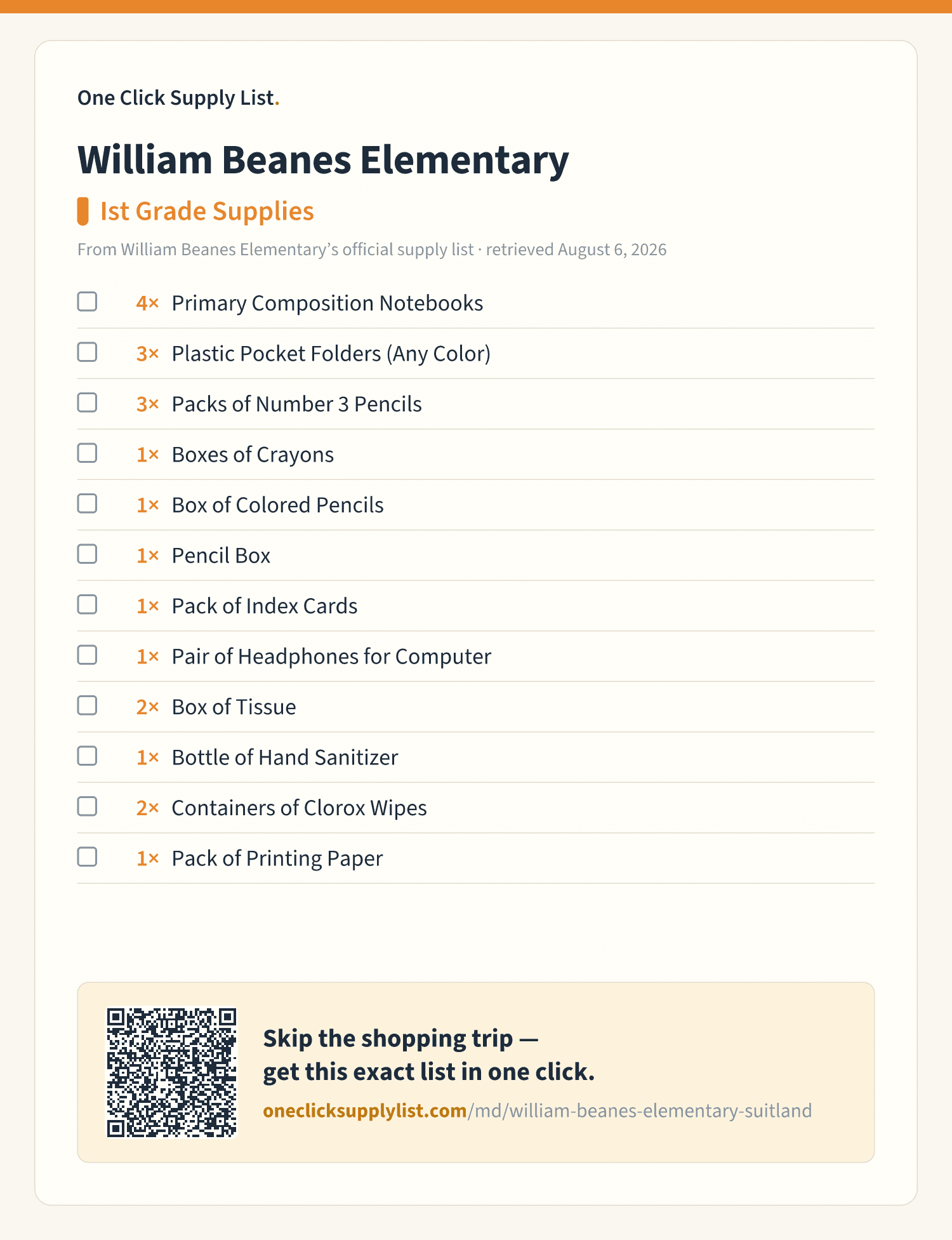 William Beanes Elementary Ist Grade Supplies supply list — printable image