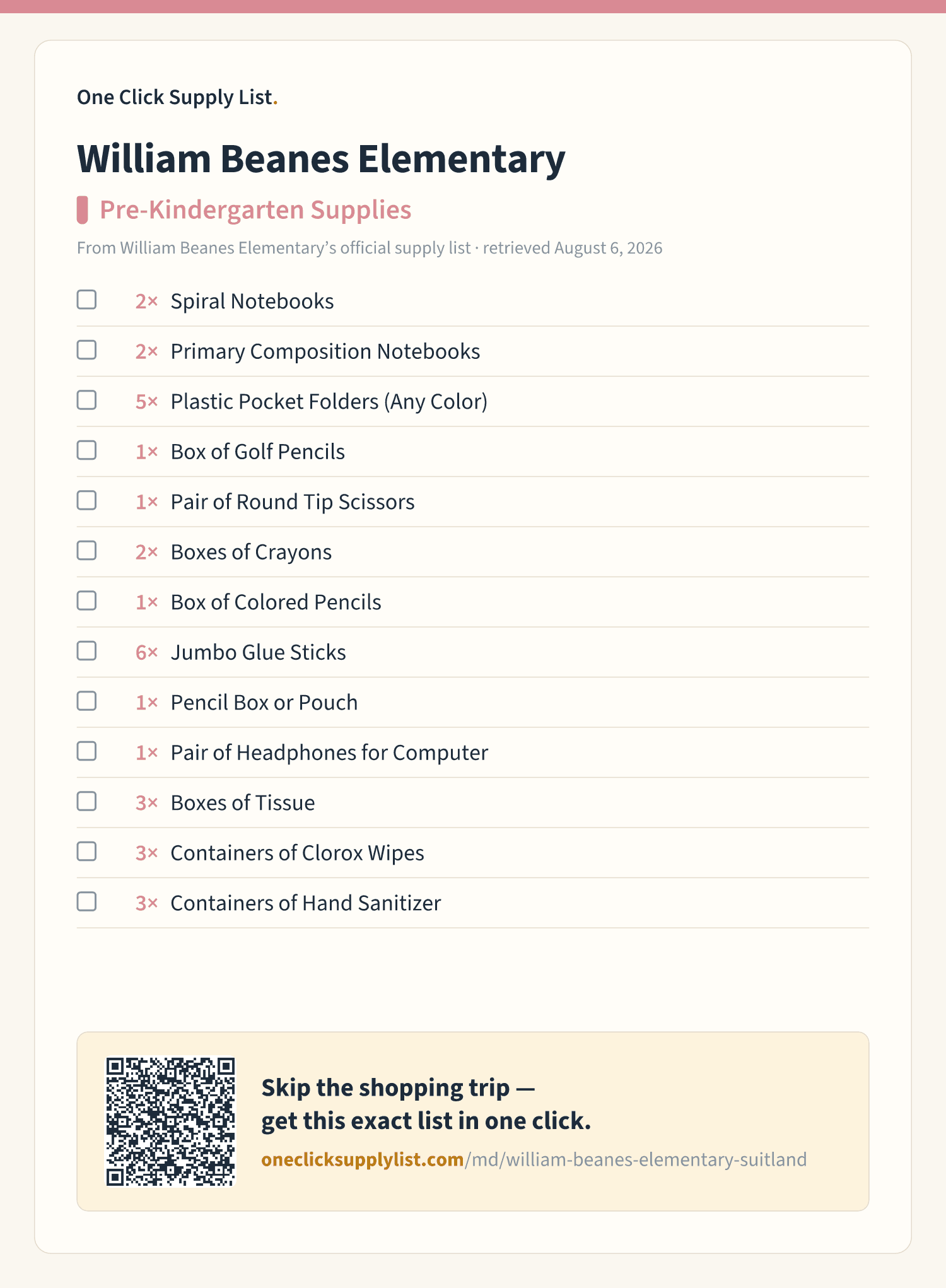 William Beanes Elementary Pre-Kindergarten Supplies supply list — printable image