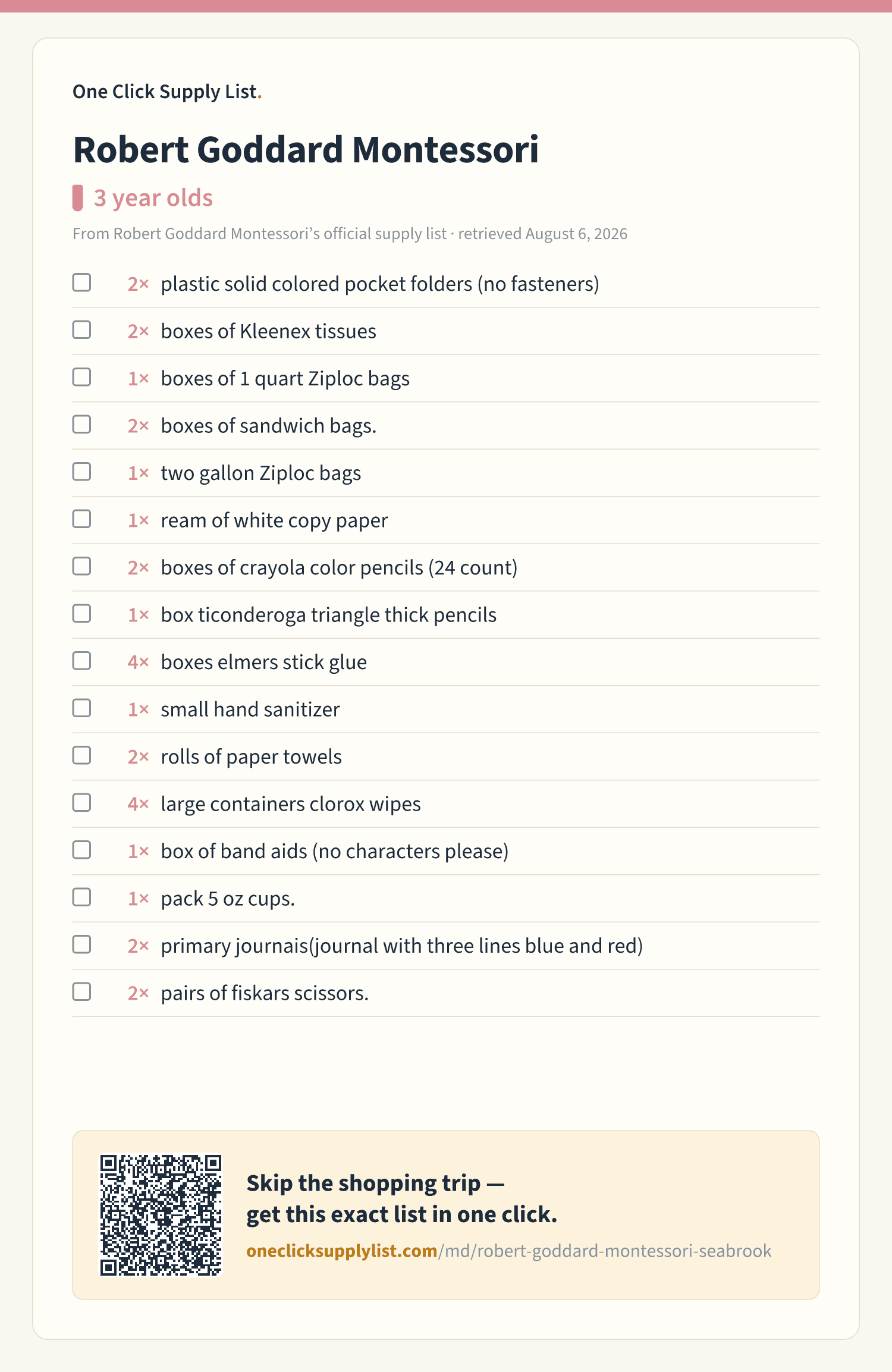 Robert Goddard Montessori 3 year olds supply list — printable image