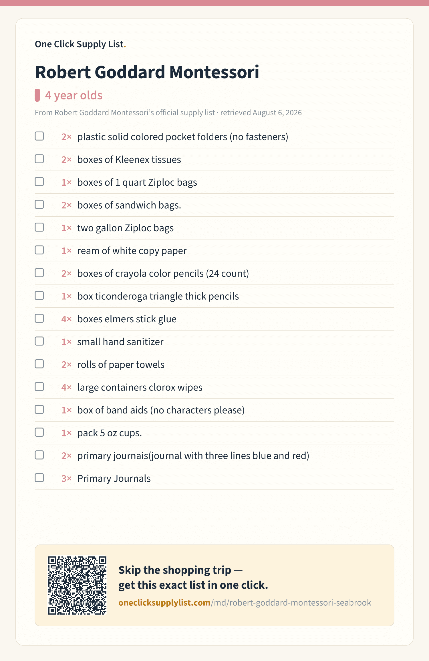 Robert Goddard Montessori 4 year olds supply list — printable image
