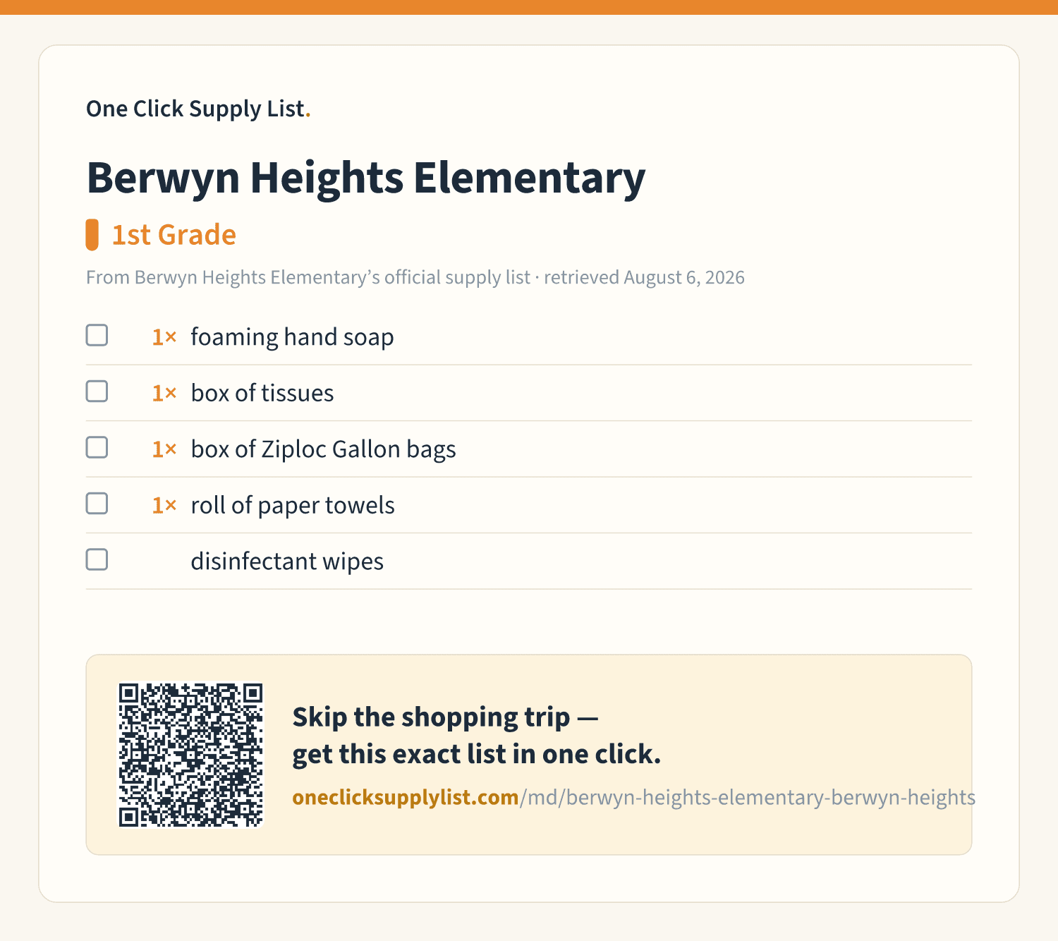 Berwyn Heights Elementary 1st Grade supply list — printable image
